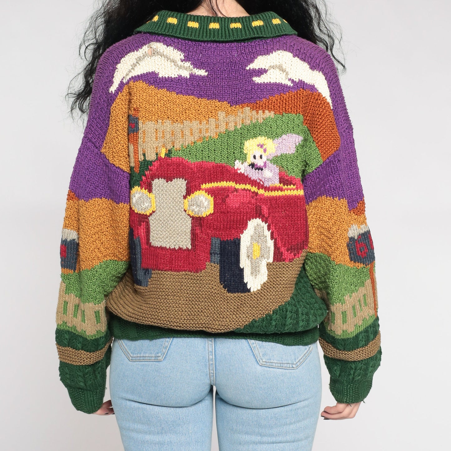 90s Princess Car Jacquard Knit Sweater Cotton Pullover Large L