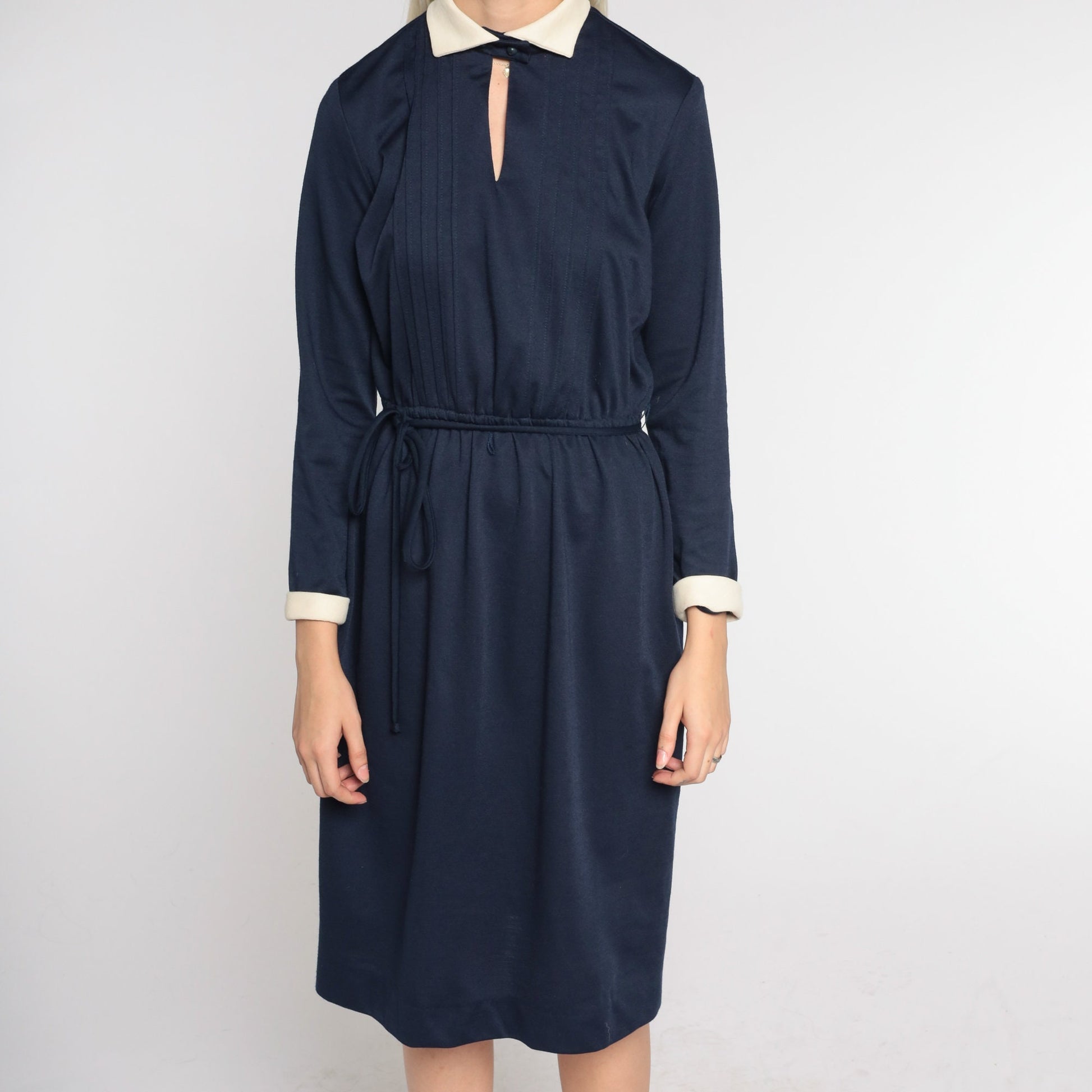 80s Navy Collared Midi Dress Cream Keyhole High Waist Long Sleeve Small