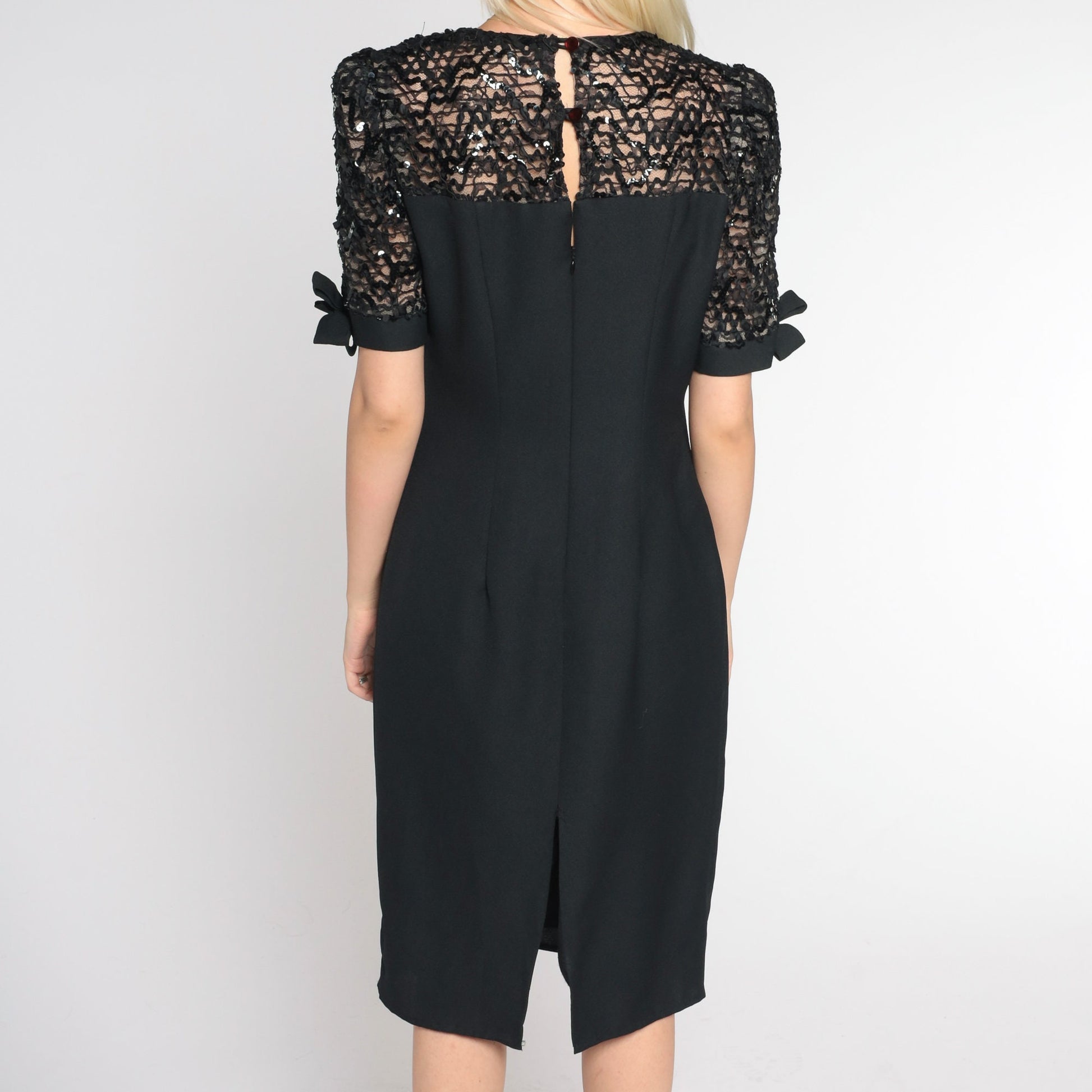 80s Black Sequin Lace Pencil Dress Knee Length Short Sleeve Small