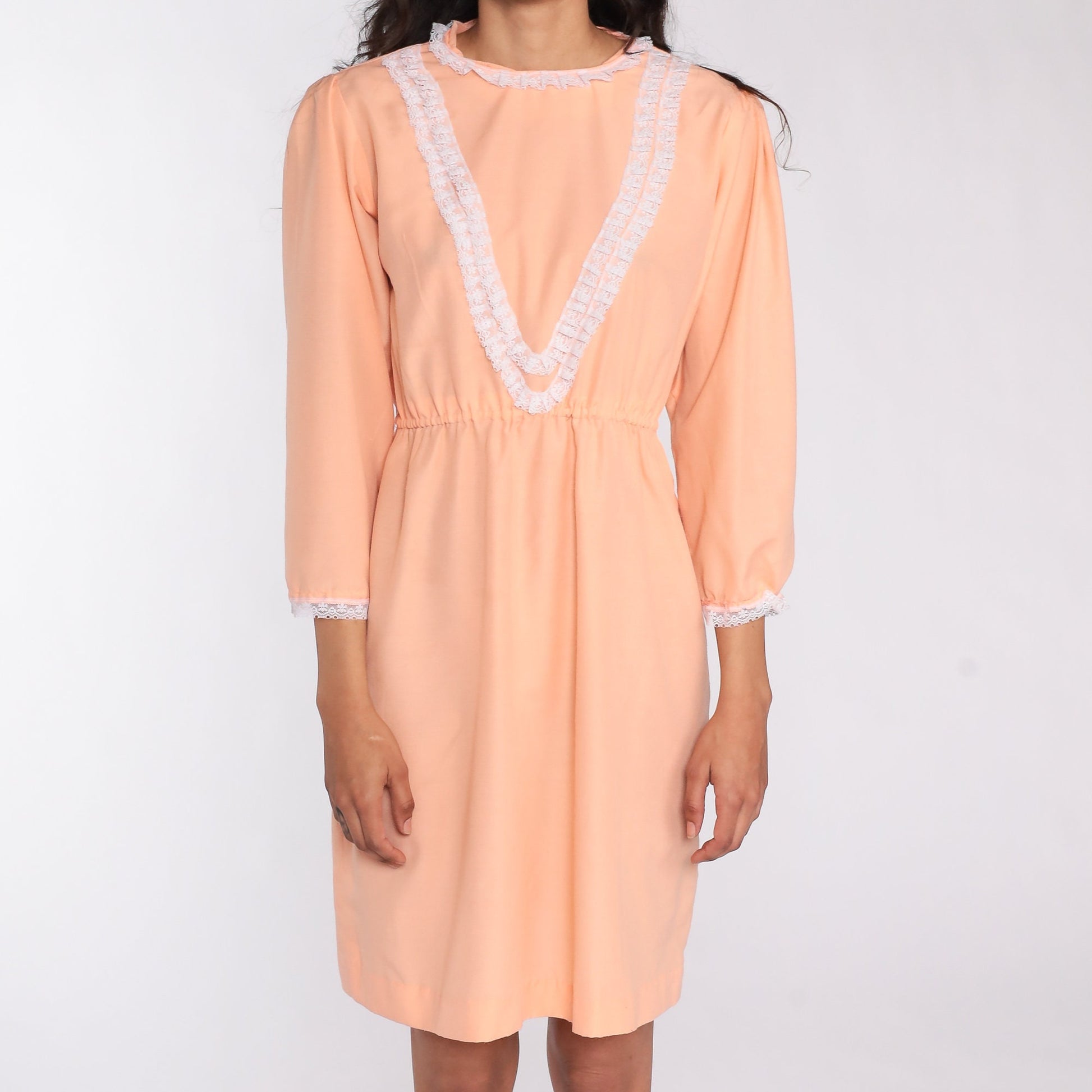 70s Peach Lace Mini Dress Puff Sleeve High Waist Medium