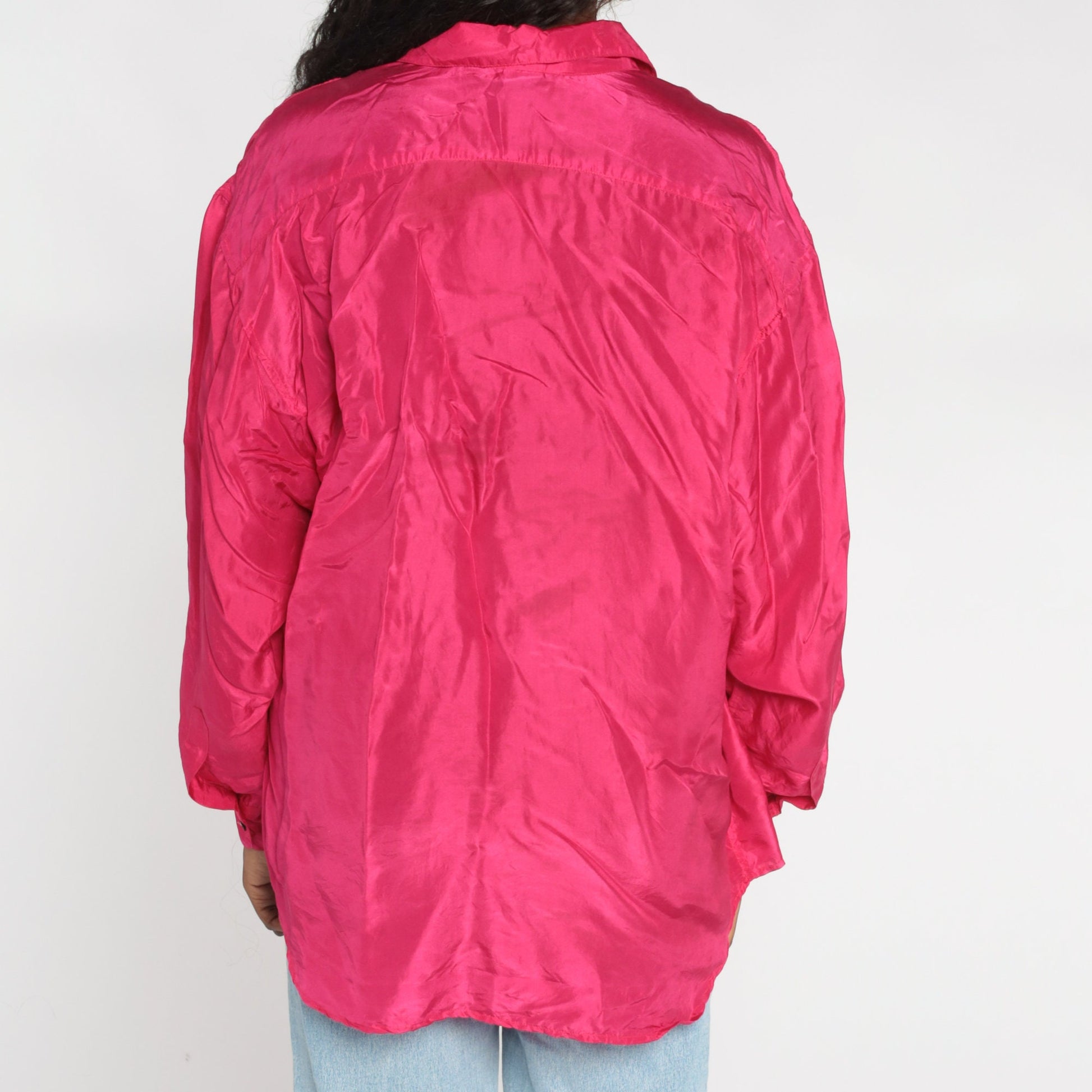 00s Hot Pink Silk Button-Up Blouse Long Sleeve Collared Shirt Large L