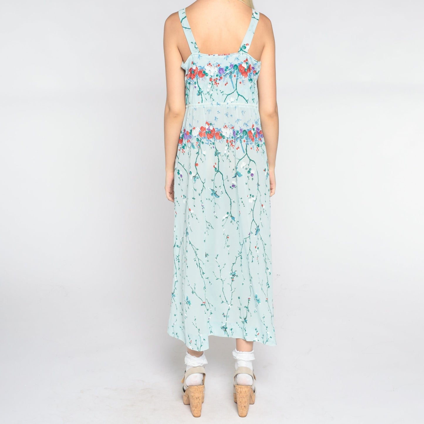 70s Baby Blue Floral Midi Dress Asian Inspired Bird Branch Print Sleeveless Small