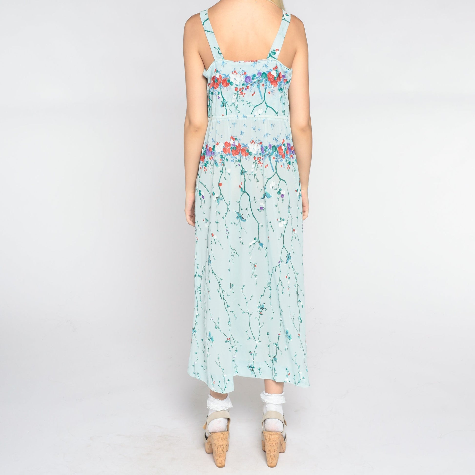 70s Baby Blue Floral Midi Dress Asian Inspired Bird Branch Print Sleeveless Small