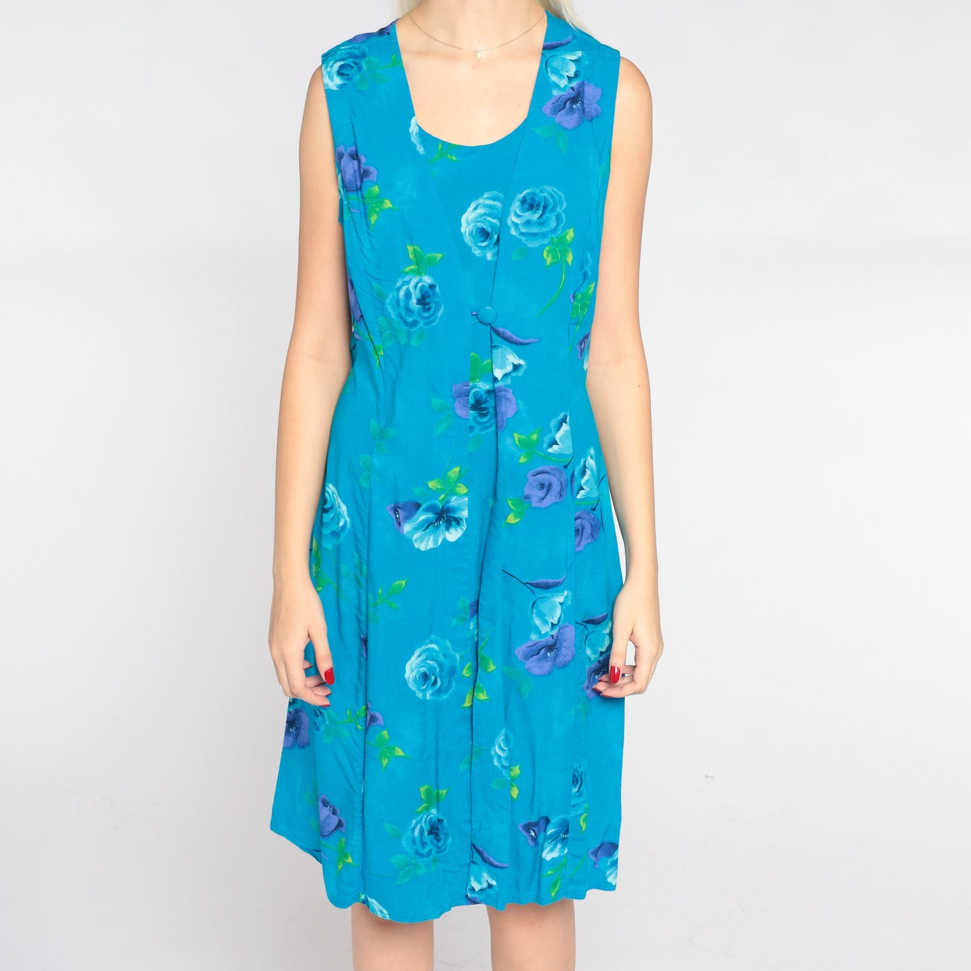 90s Blue Floral Mini Dress Sleeveless A-Line Scoop Neck Large Petite