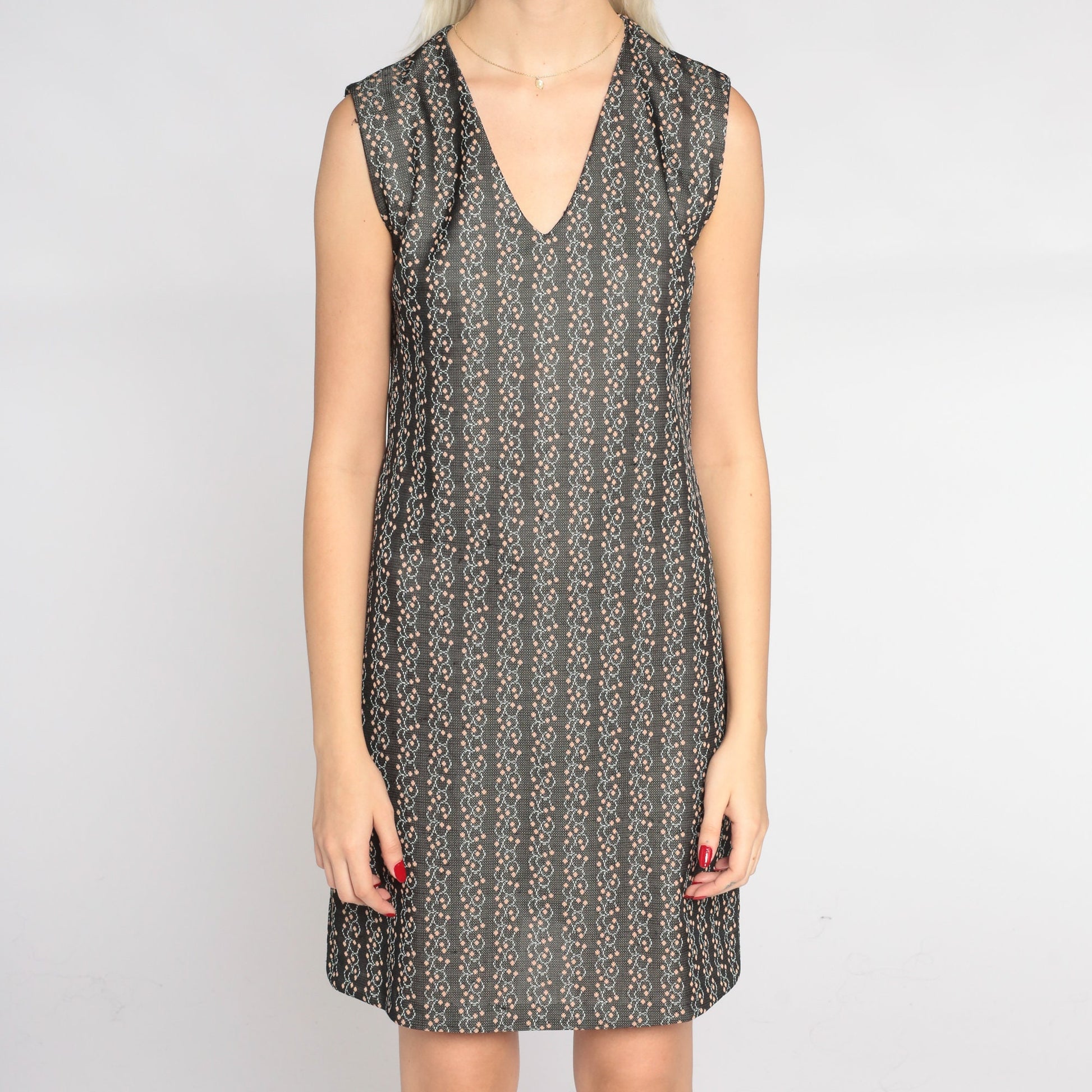 60s Floral Shift Mini Dress Grey V-Neck Sleeveless Small