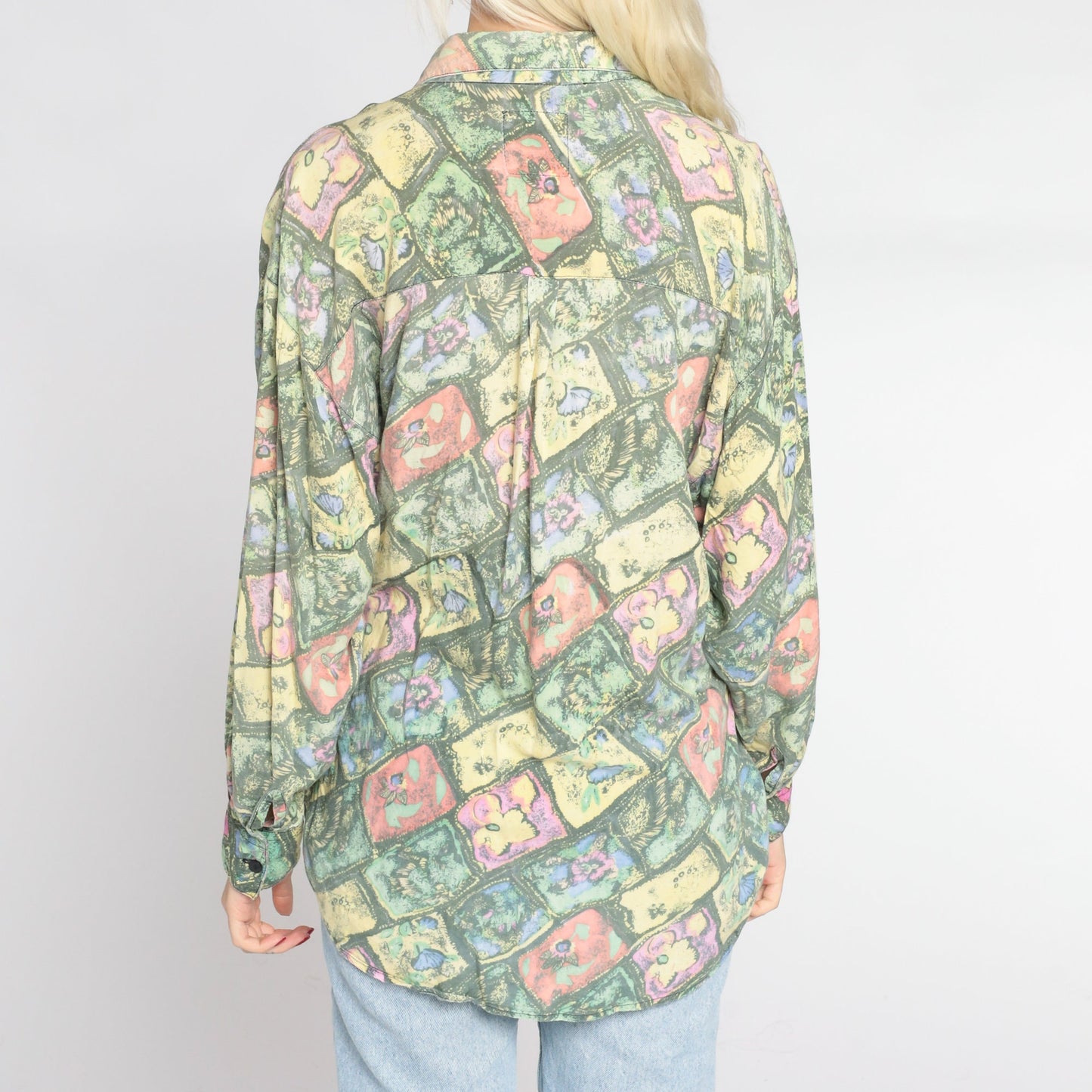 90s Abstract Floral Button-Up Shirt Long Sleeve Collared Green Yellow Pink Medium