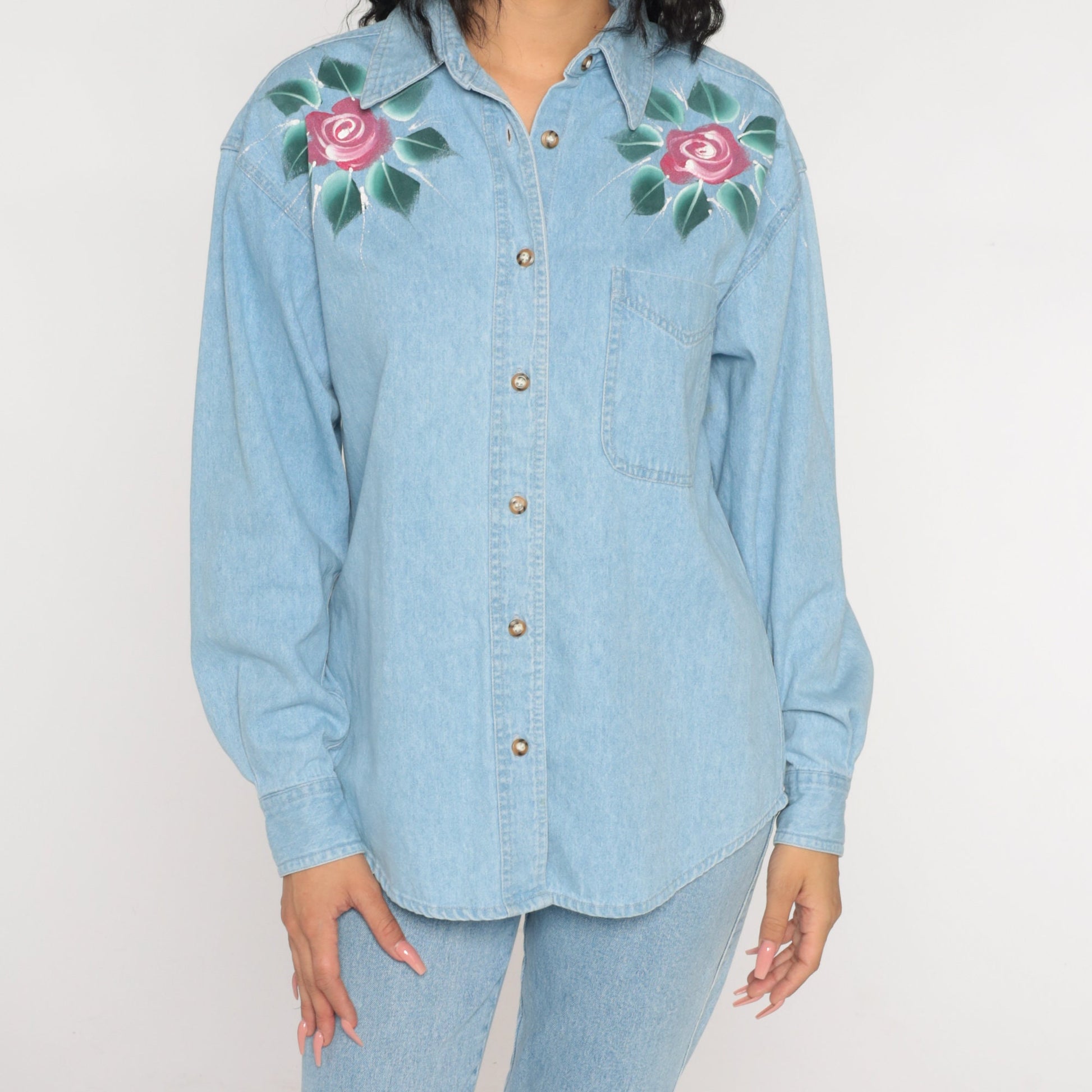 90s Blue Denim Shirt Floral Rose Print Button-Up Blouse Long Sleeve Medium M