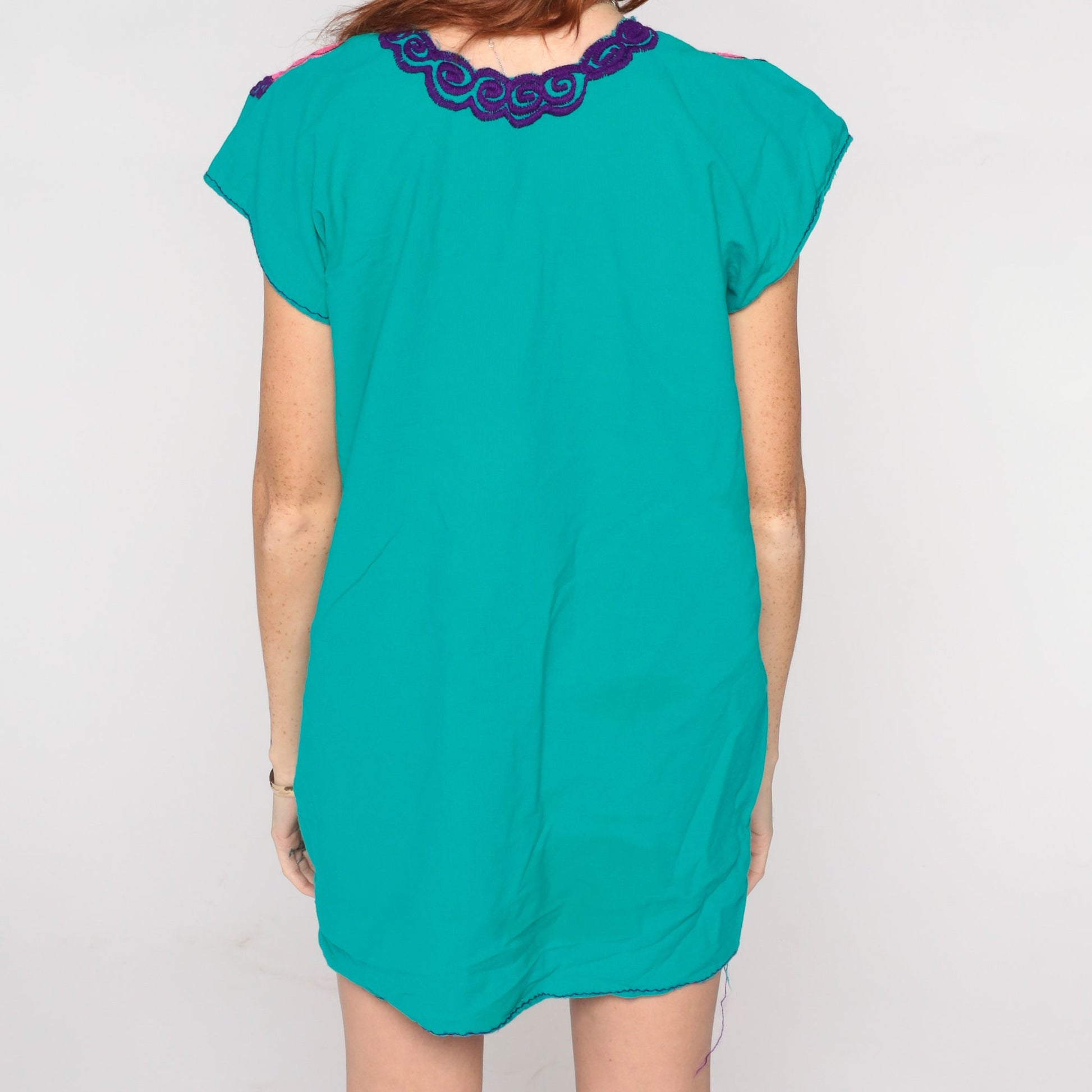Mexican Embroidered Floral Blouse Teal Green Tunic V-Neck Cap Sleeve Small Medium