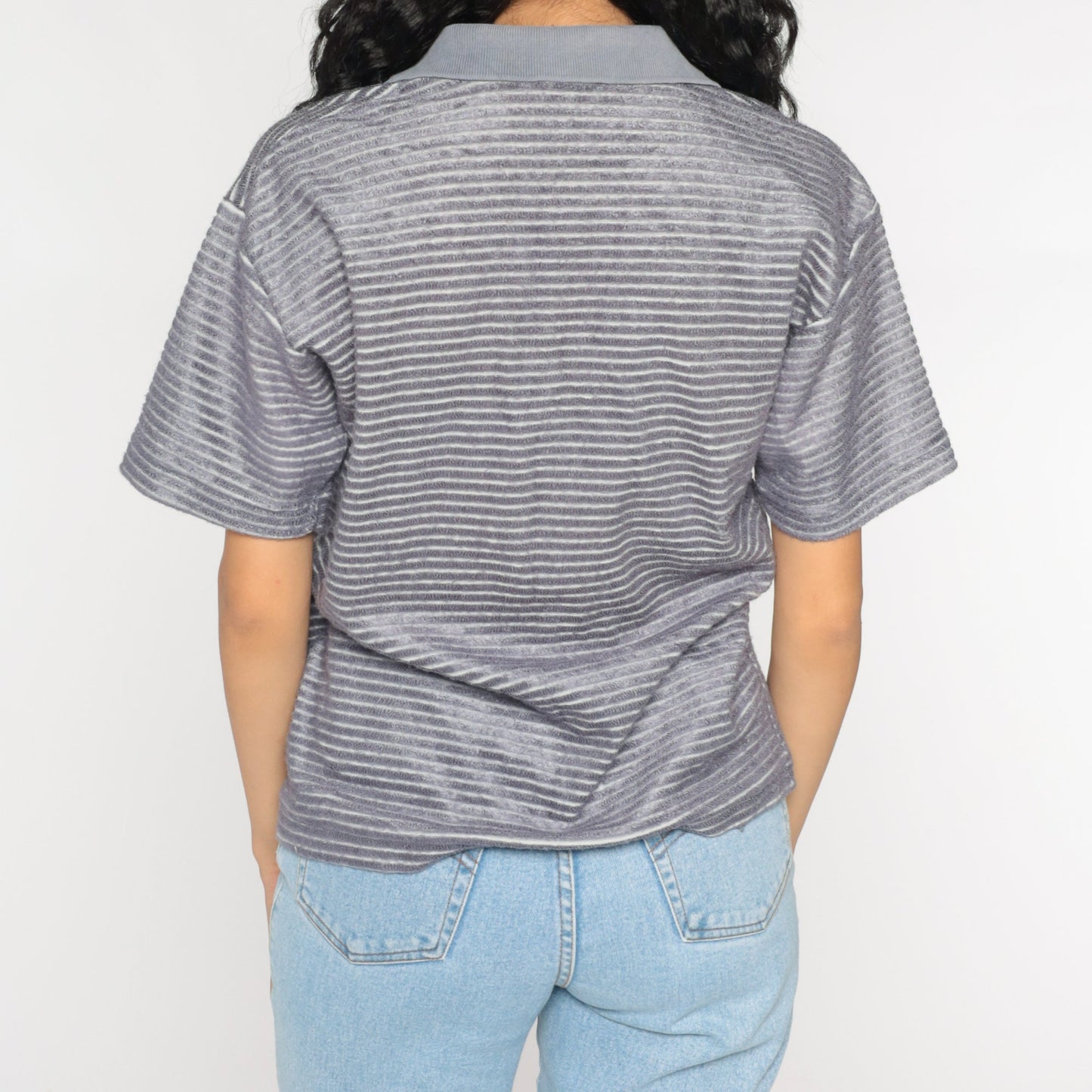 90s Grey Striped Terry Cloth Polo Shirt Half Button Collared Medium M
