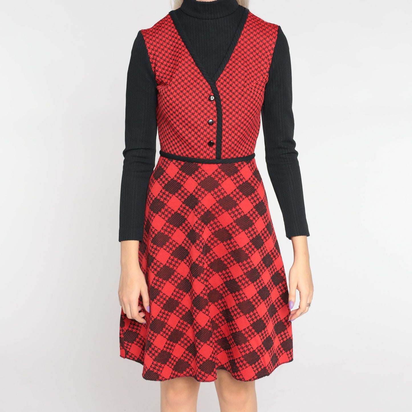 70s Red Checkered Mini Dress Black Turtleneck Attached Sleeves Extra Small