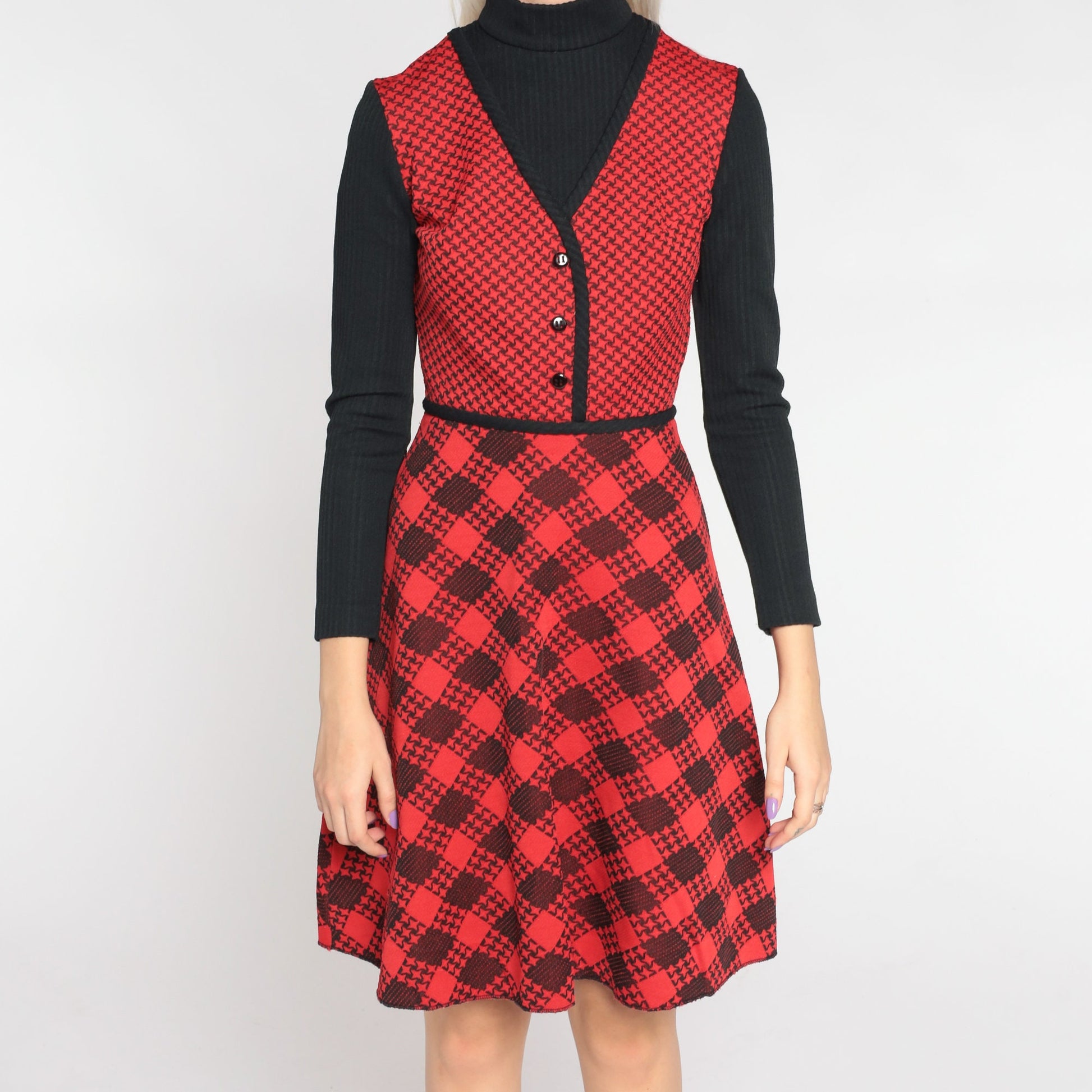70s Red Checkered Mini Dress Black Turtleneck Attached Sleeves Extra Small