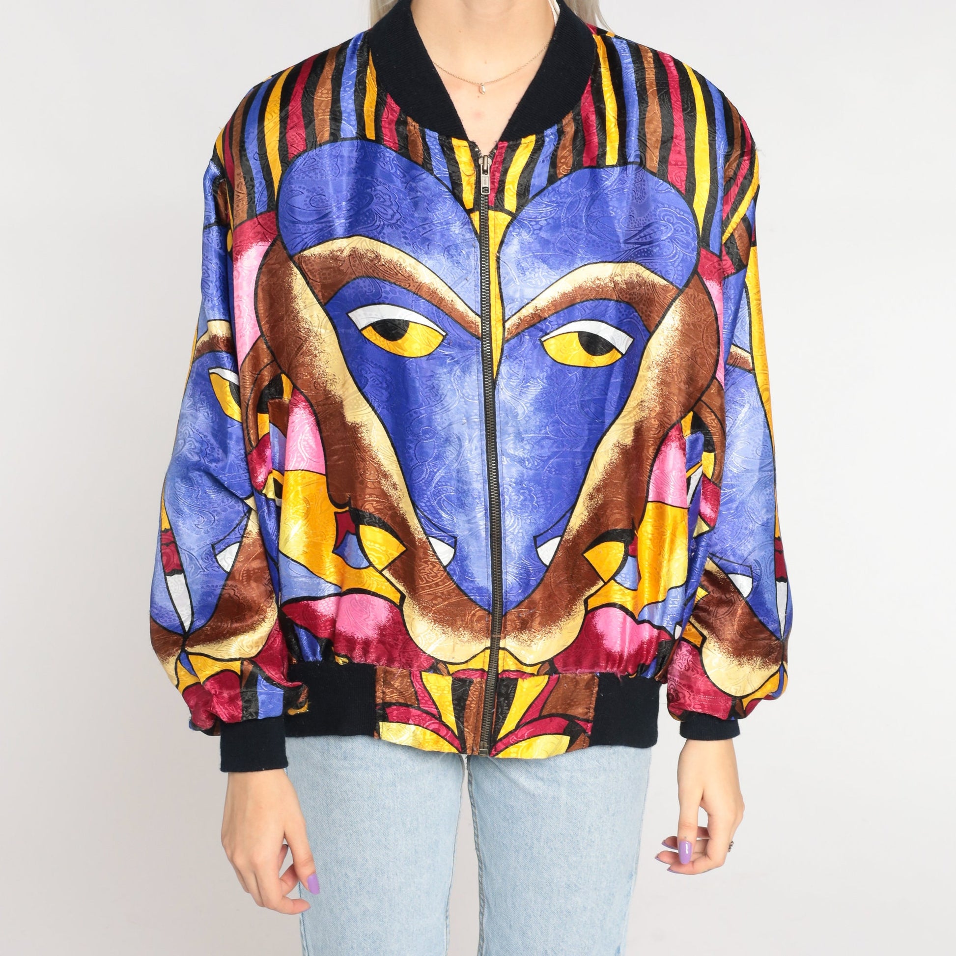 90s Psychedelic Face Print Zip Bomber Jacket Medium Large