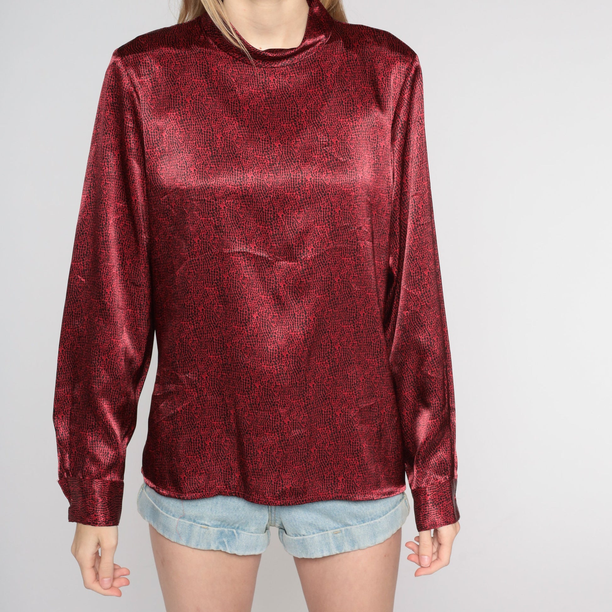 Y2K Dark Red Abstract Dot Print Long Sleeve Blouse Mock Neck Medium 8
