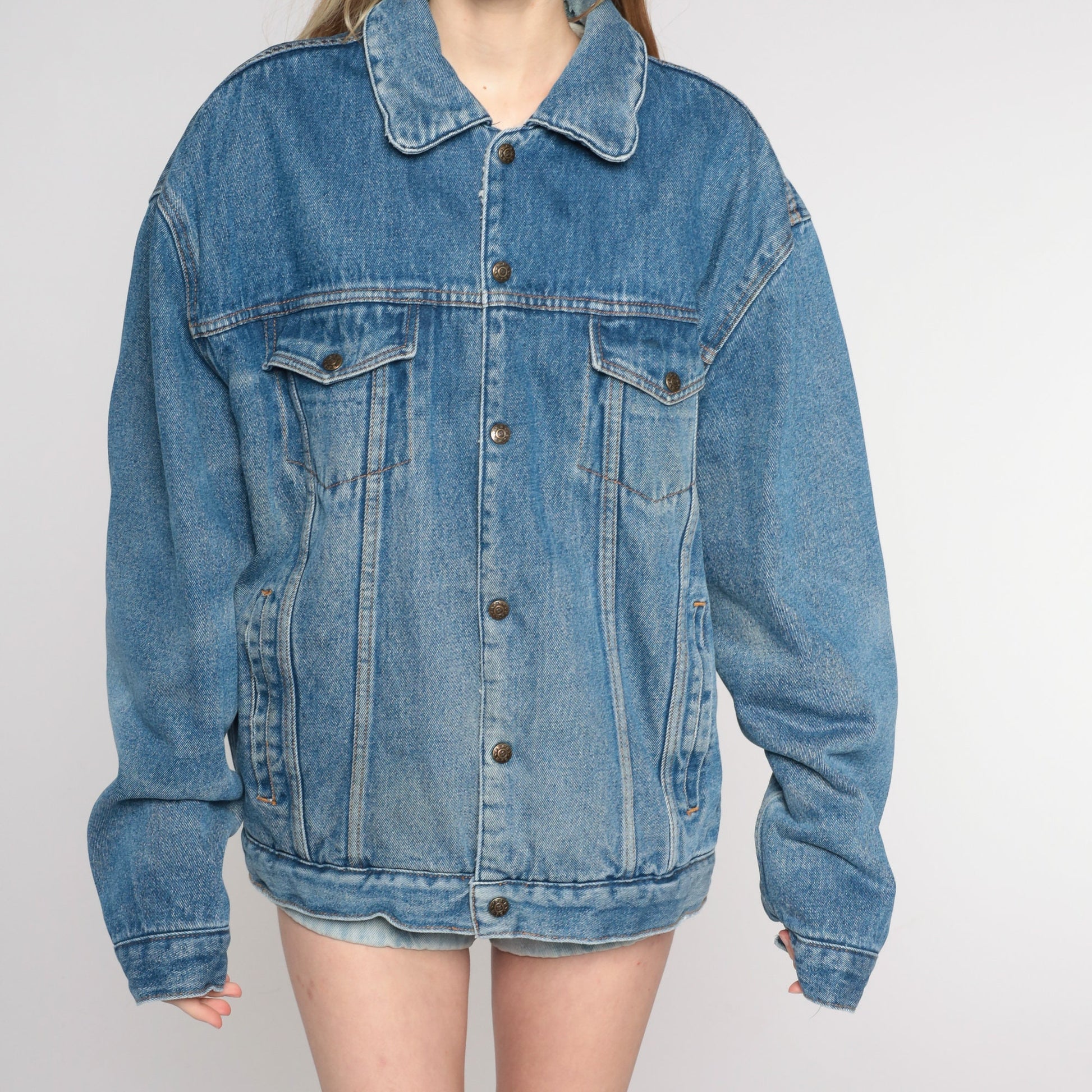 90s Blue Denim Shearling Jacket Faux Sherpa Lined Button Up Extra Large