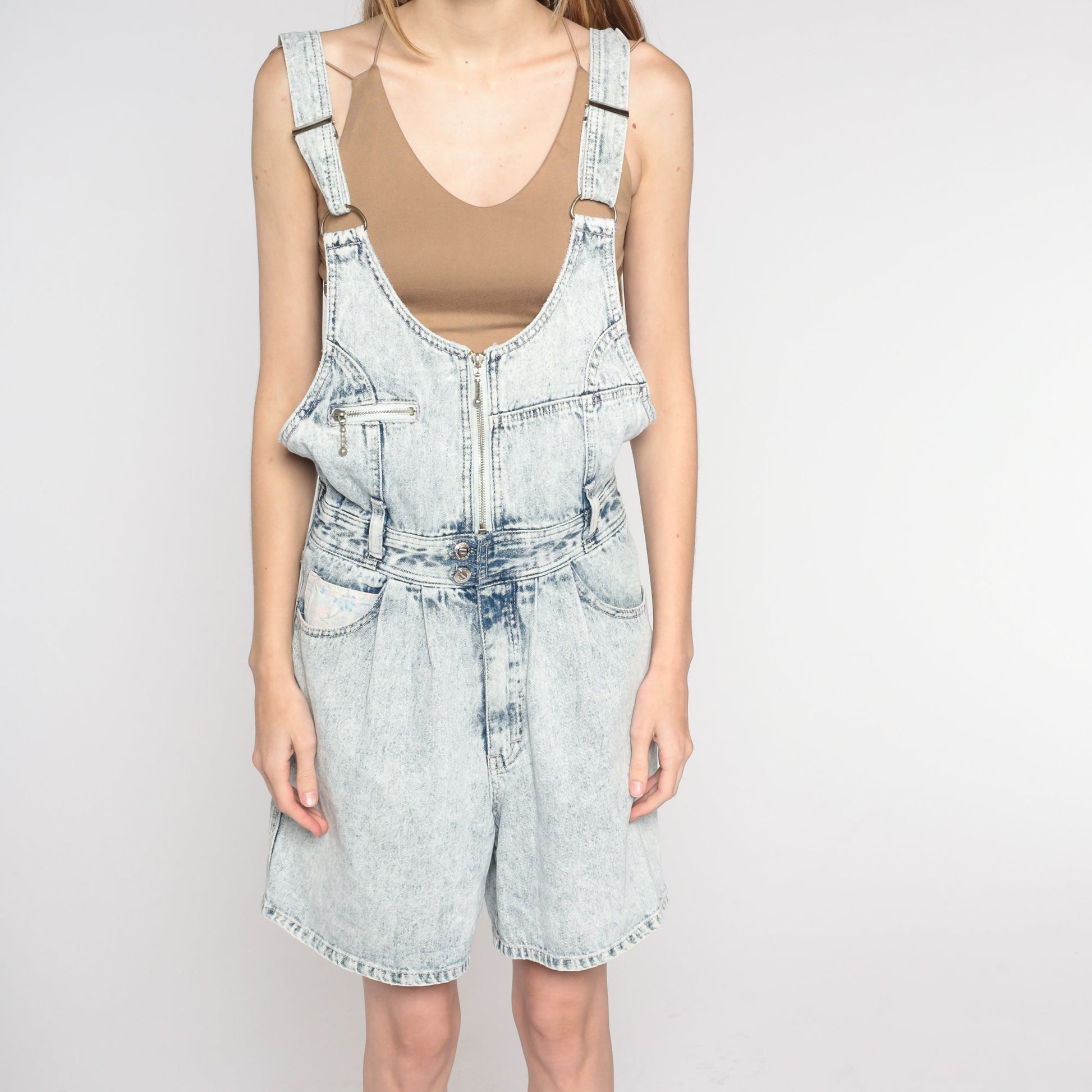 90s Acid Wash Denim Shortalls Light Blue Suspender Zip Chest Small S