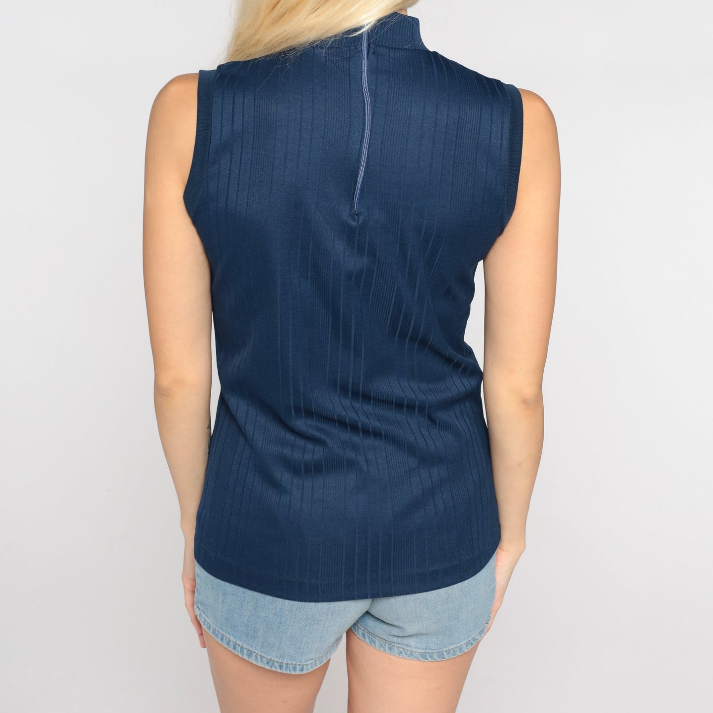 70s Navy Mock Neck Tank Top Ribbed Sleeveless Blouse Small S