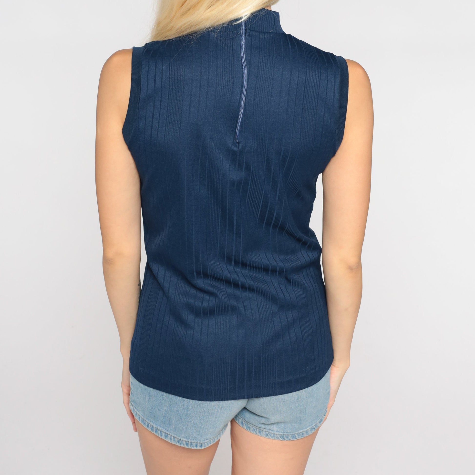 70s Navy Mock Neck Tank Top Ribbed Sleeveless Blouse Small S