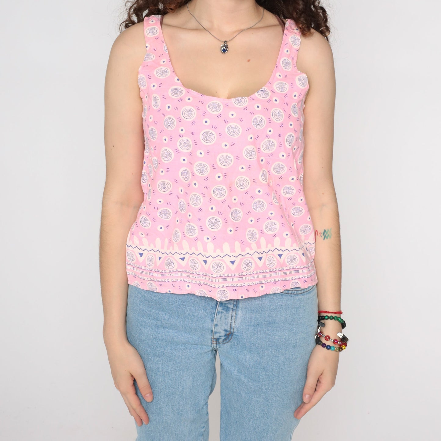 90s Pink Geometric Swirl Tank Top Scoop Neck Graphic Sleeveless Small