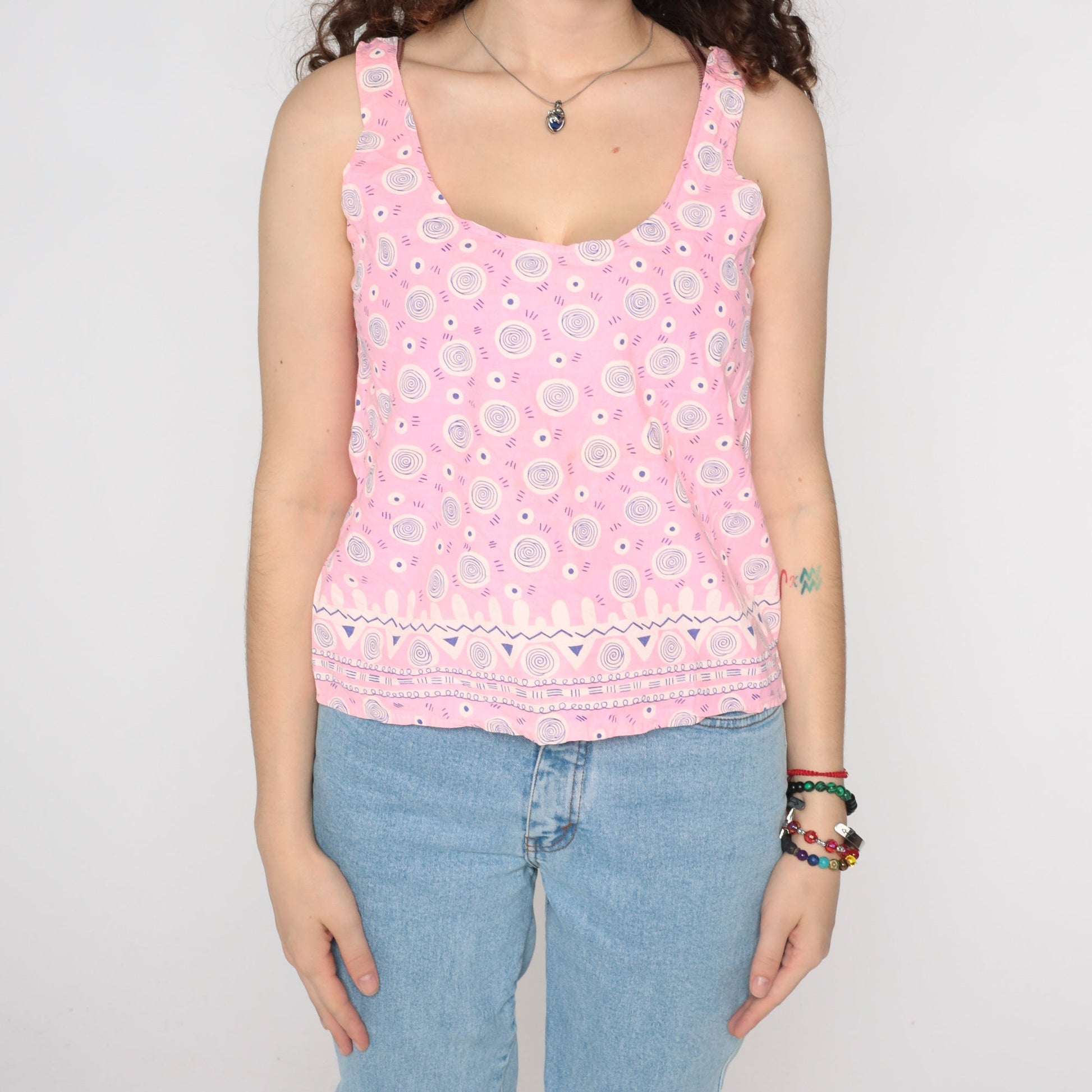90s Pink Geometric Swirl Tank Top Scoop Neck Graphic Sleeveless Small