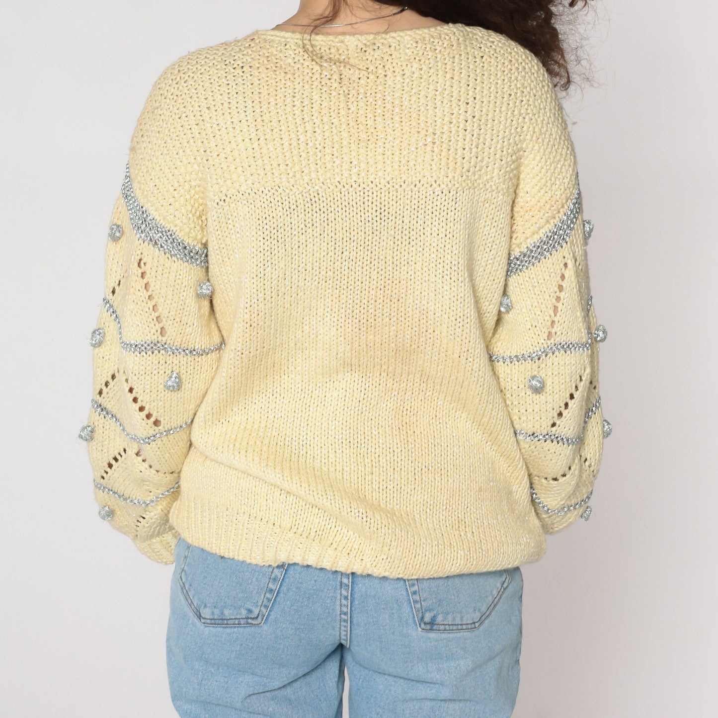 80s Metallic Cream Sweater Silver Sheer Pointelle Knit Cable Medium