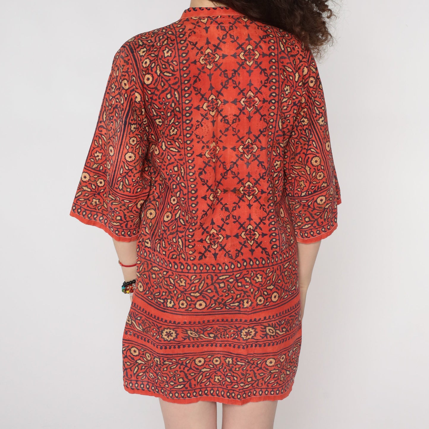 80s Floral Orange Blue Gold Tunic Dress Sheer Button Up Small