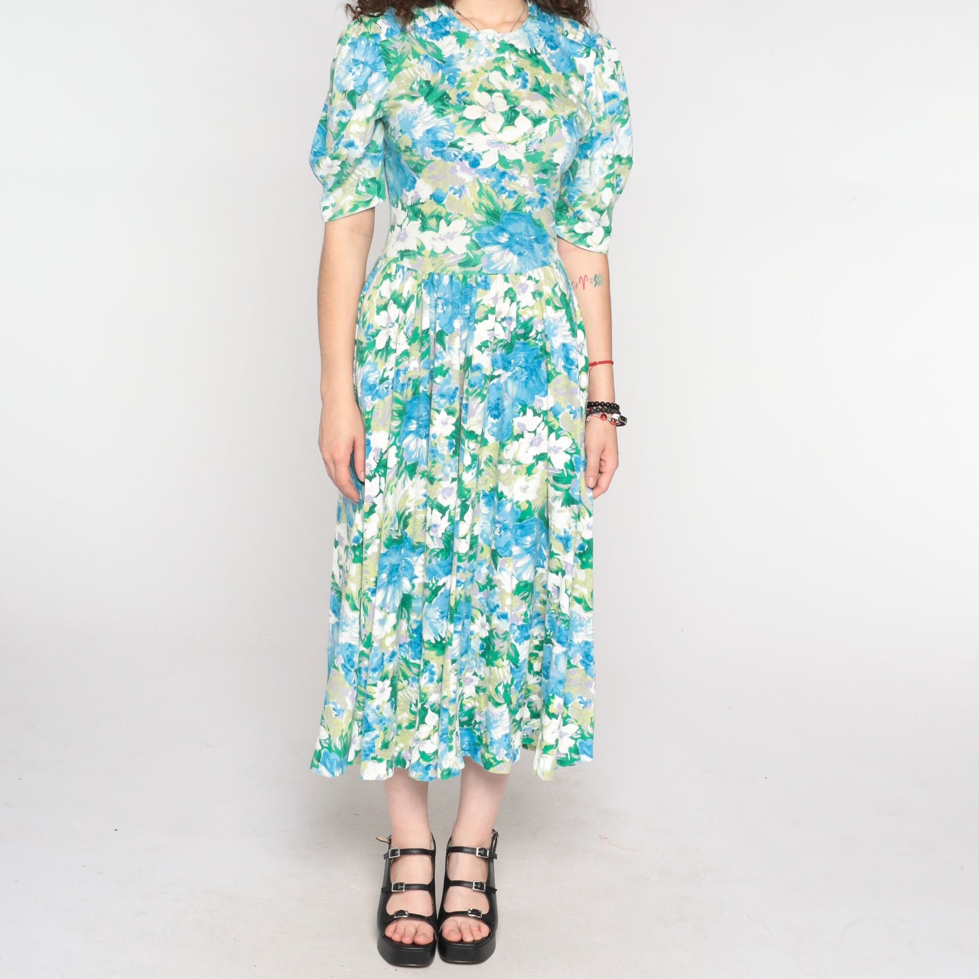 80s Floral Midi Dress Puff Sleeve Blue Green Watercolor Print Small Medium
