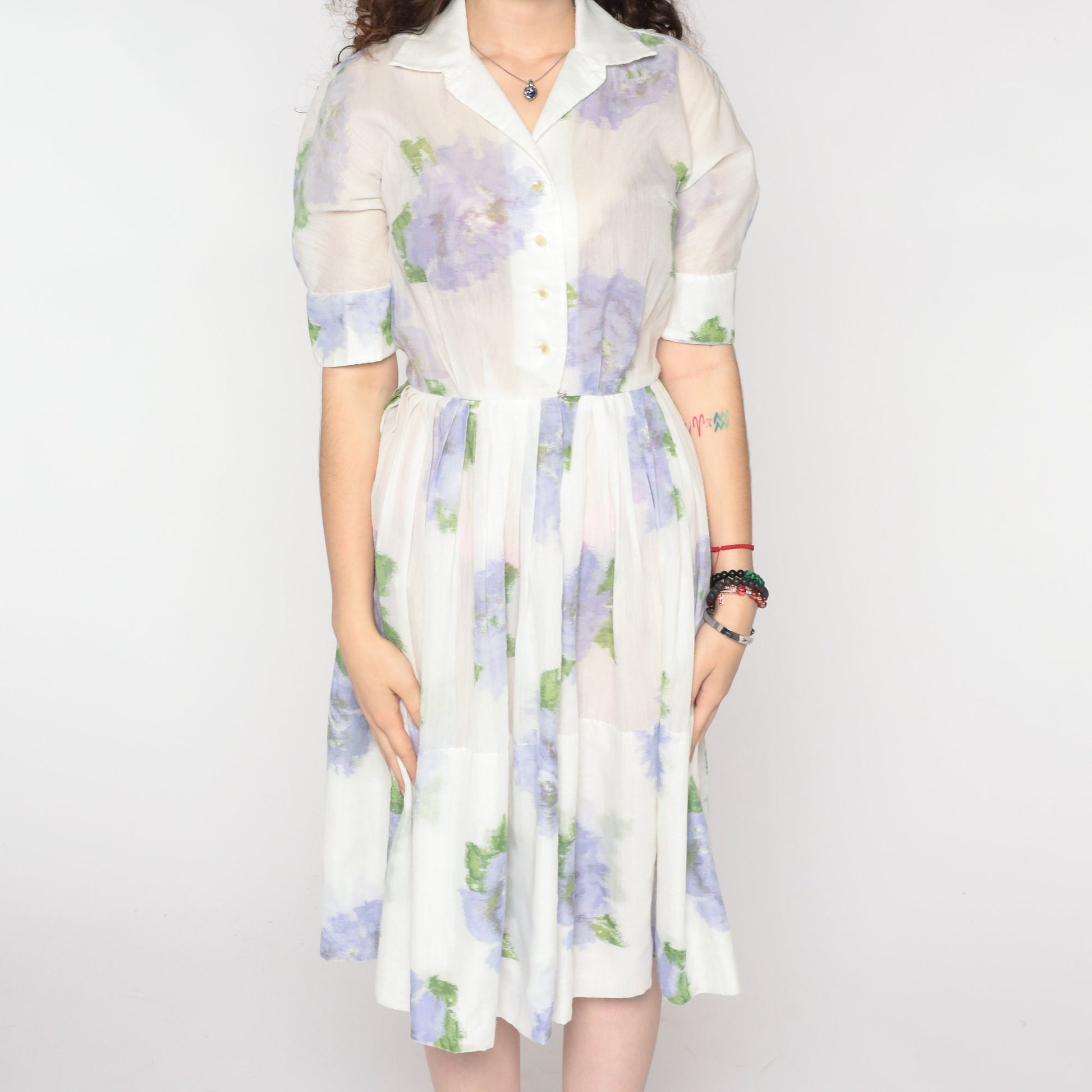 60s Floral Shirtwaist Dress White Lavender Button-Up Midi Small
