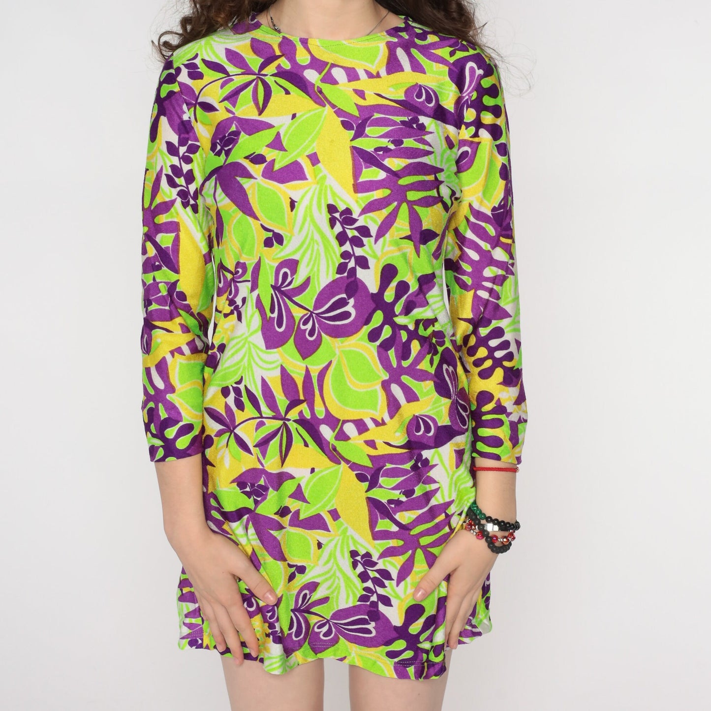 60s Psychedelic Leaf Print Mini Dress Long Sleeve Shift Green Purple Small