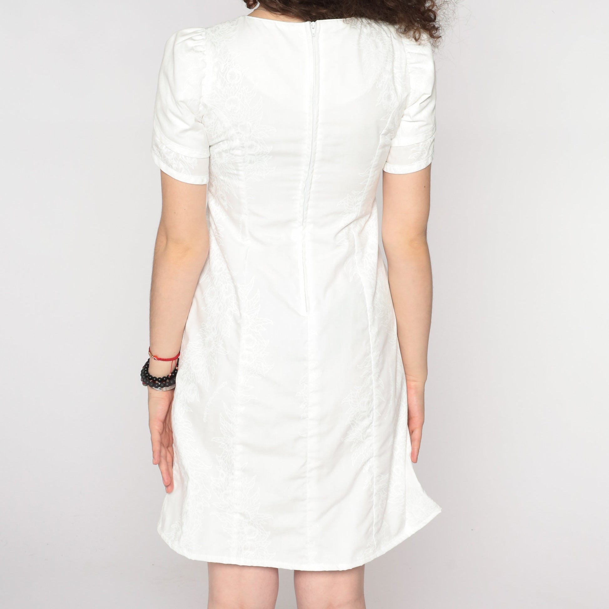 80s Hawaiian Kamehameha Schools Mini Dress White Floral Puff Sleeve Extra Small
