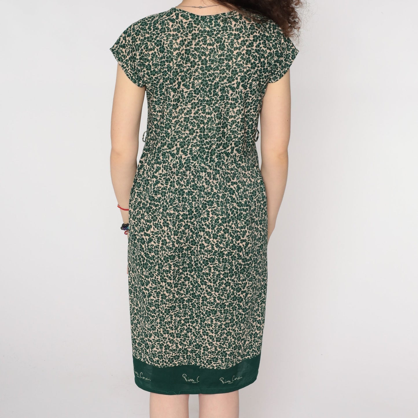 80s Pierre Cardin Green Floral Midi Dress V-Neck Lace Yoke Small
