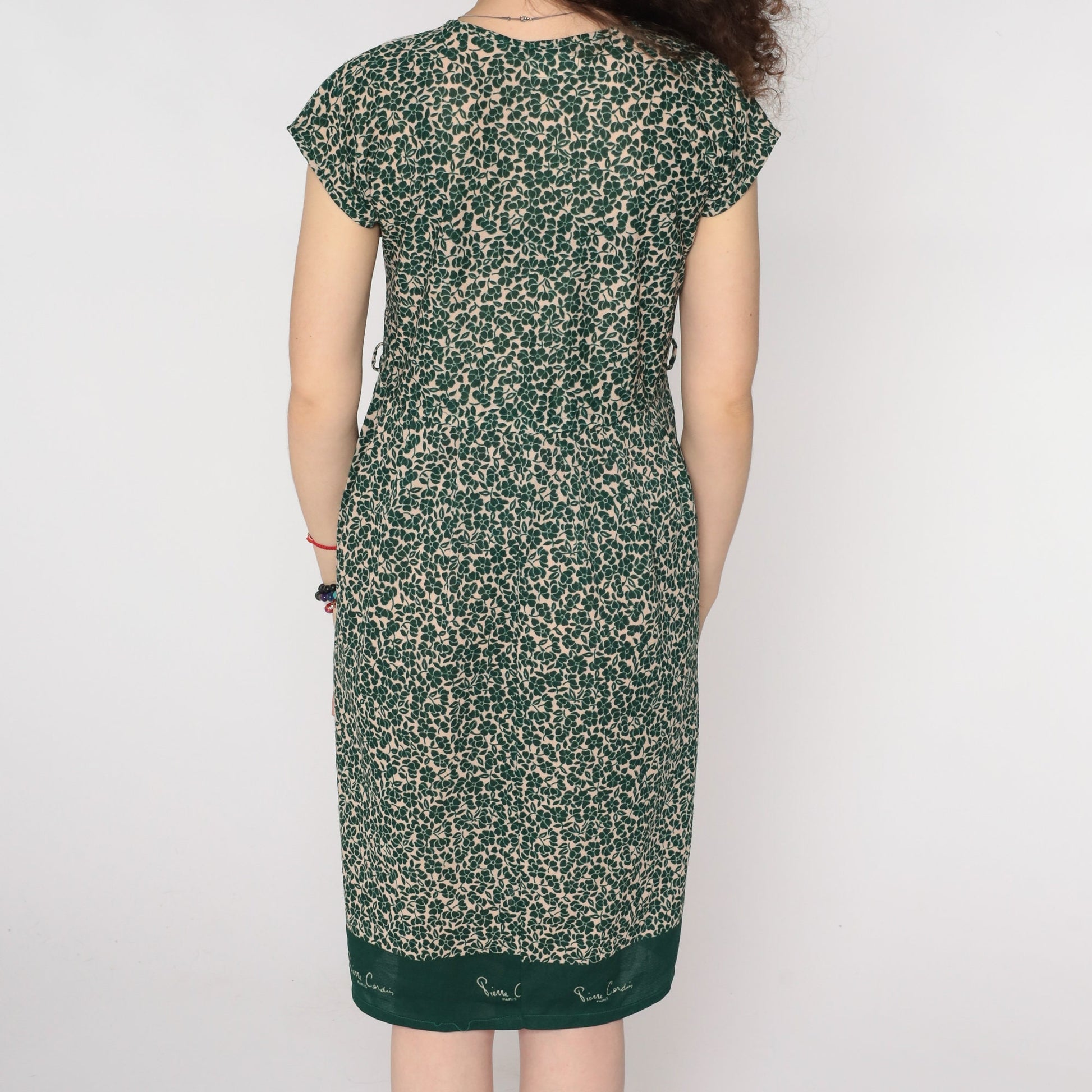 80s Pierre Cardin Green Floral Midi Dress V-Neck Lace Yoke Small
