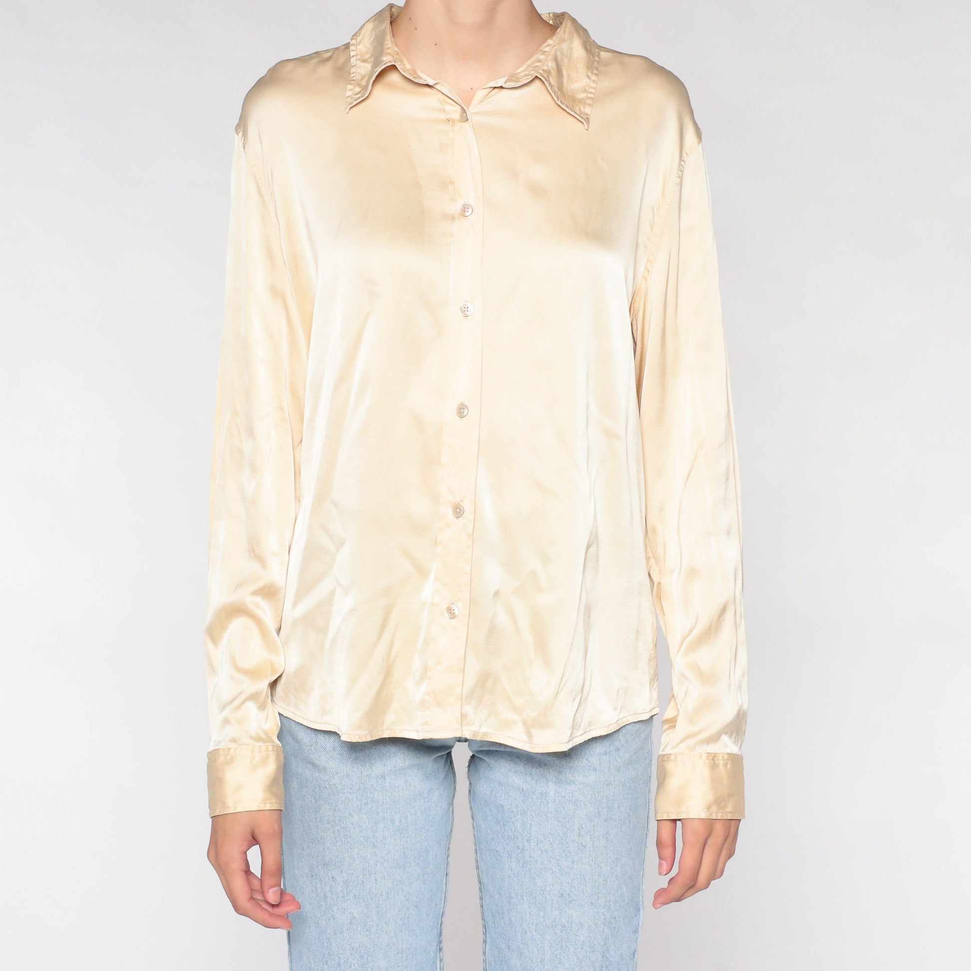 00s Gap Champagne Silk Button-Up Blouse Long Sleeve Collared Shirt Large L
