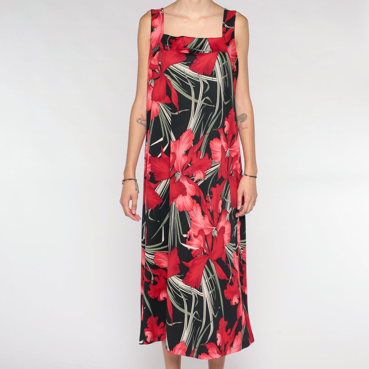 90s Black Floral Midi Dress Orchid Print Sleeveless Extra Large XXL