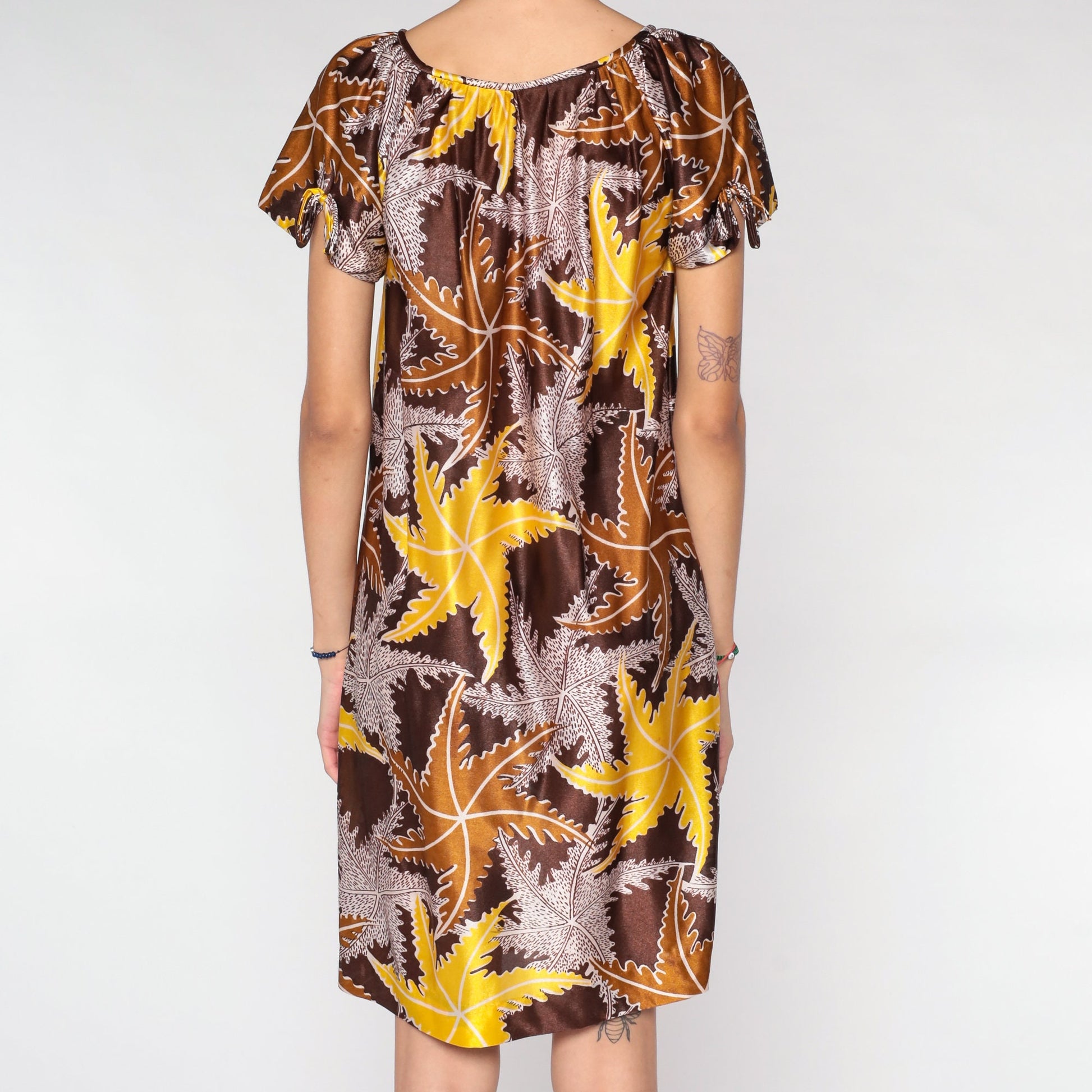 70s Leaf Print Mini Dress Brown Tent Cut Short Sleeve Small