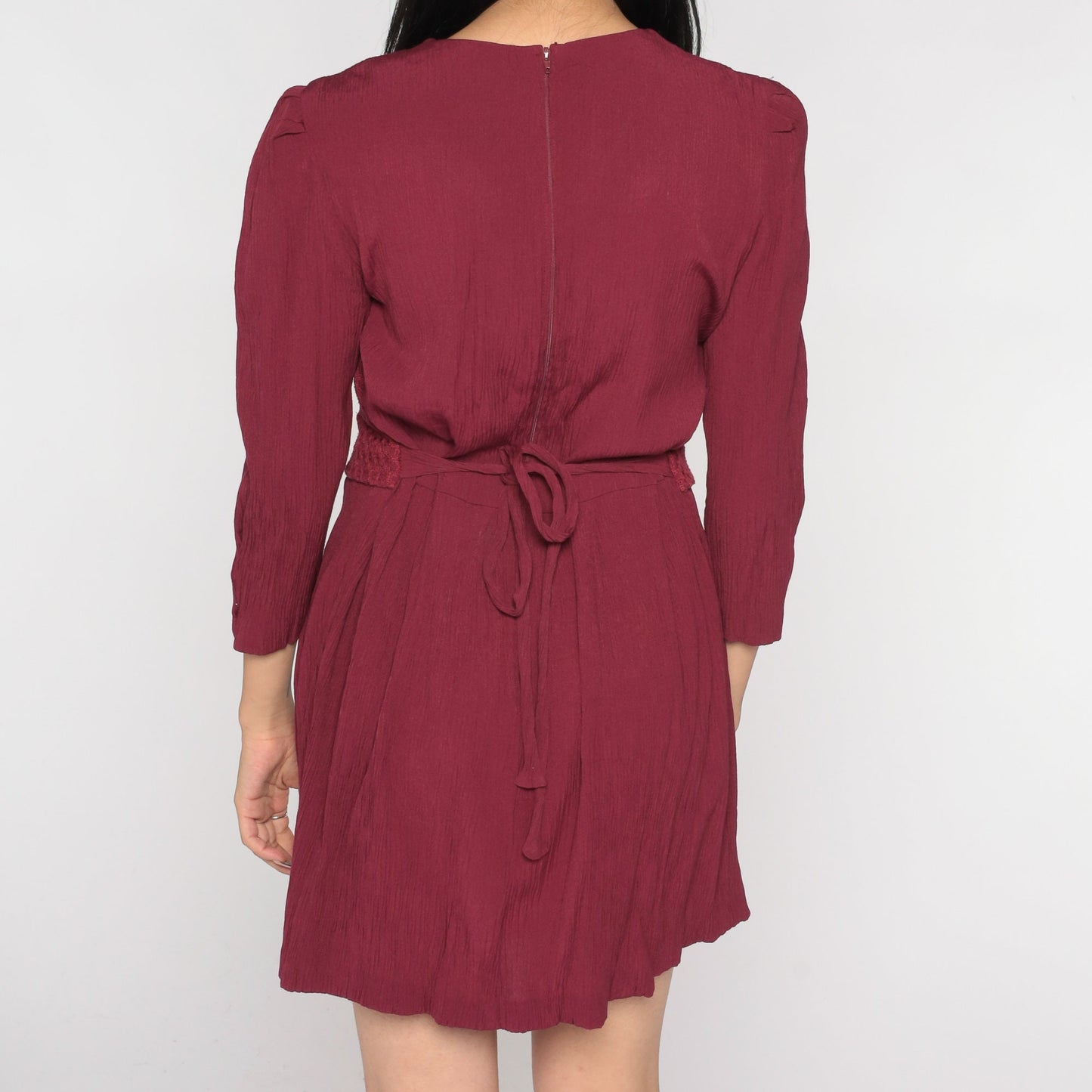 90s Burgundy Brocade Floral Mini Dress Puff Sleeve Button Front Medium M