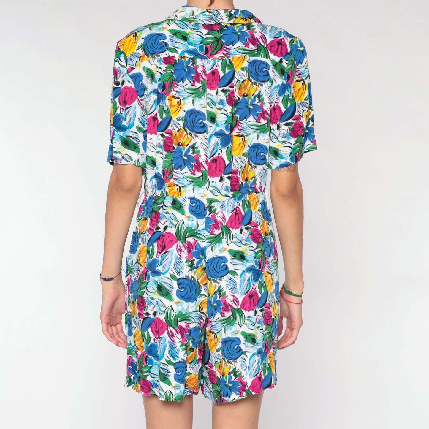 90s Blue Floral Rayon Romper Mini Playsuit V Neck Button Up Medium M