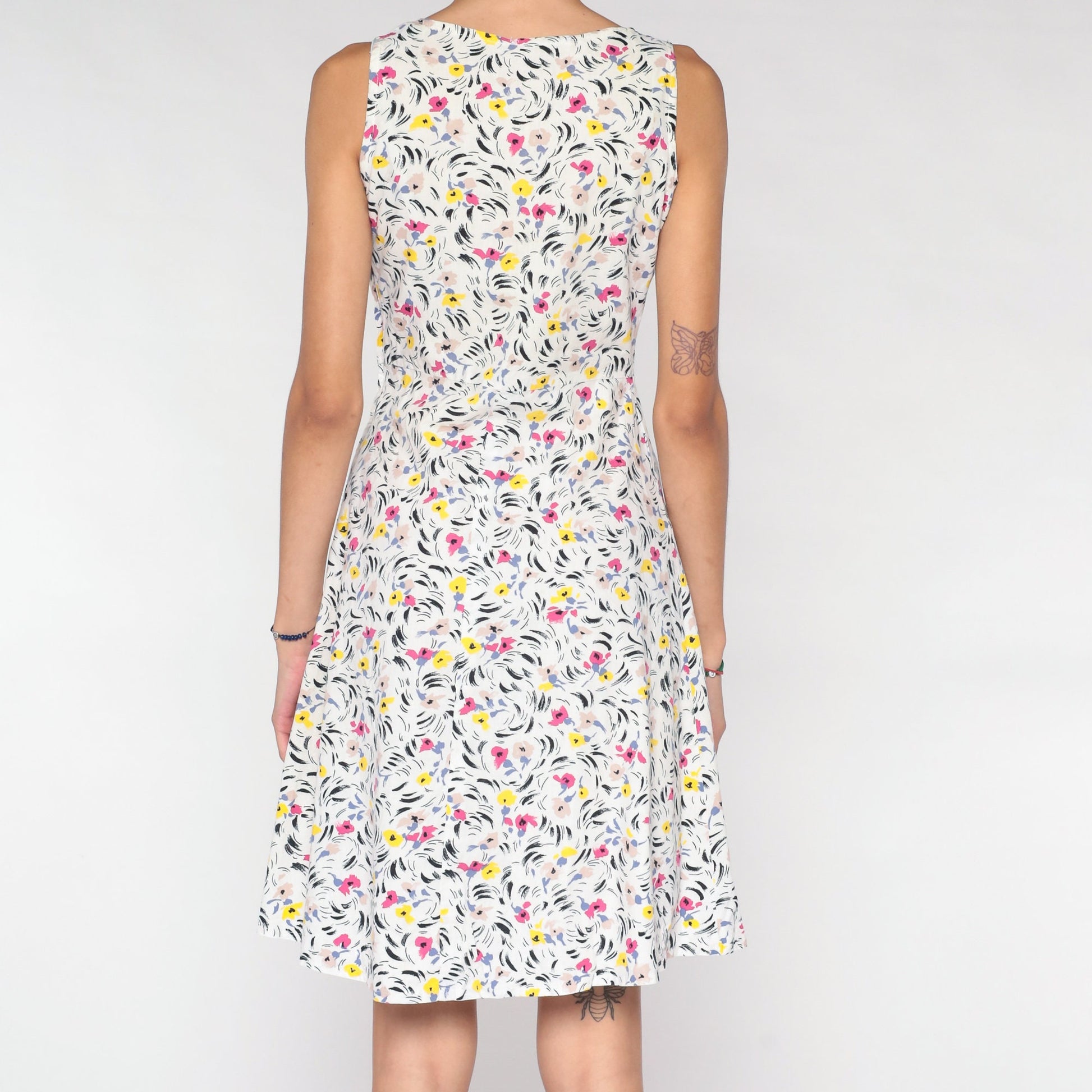 70s White Floral Mini Dress Sleeveless Button-Up A-Line V-Neck Extra Small