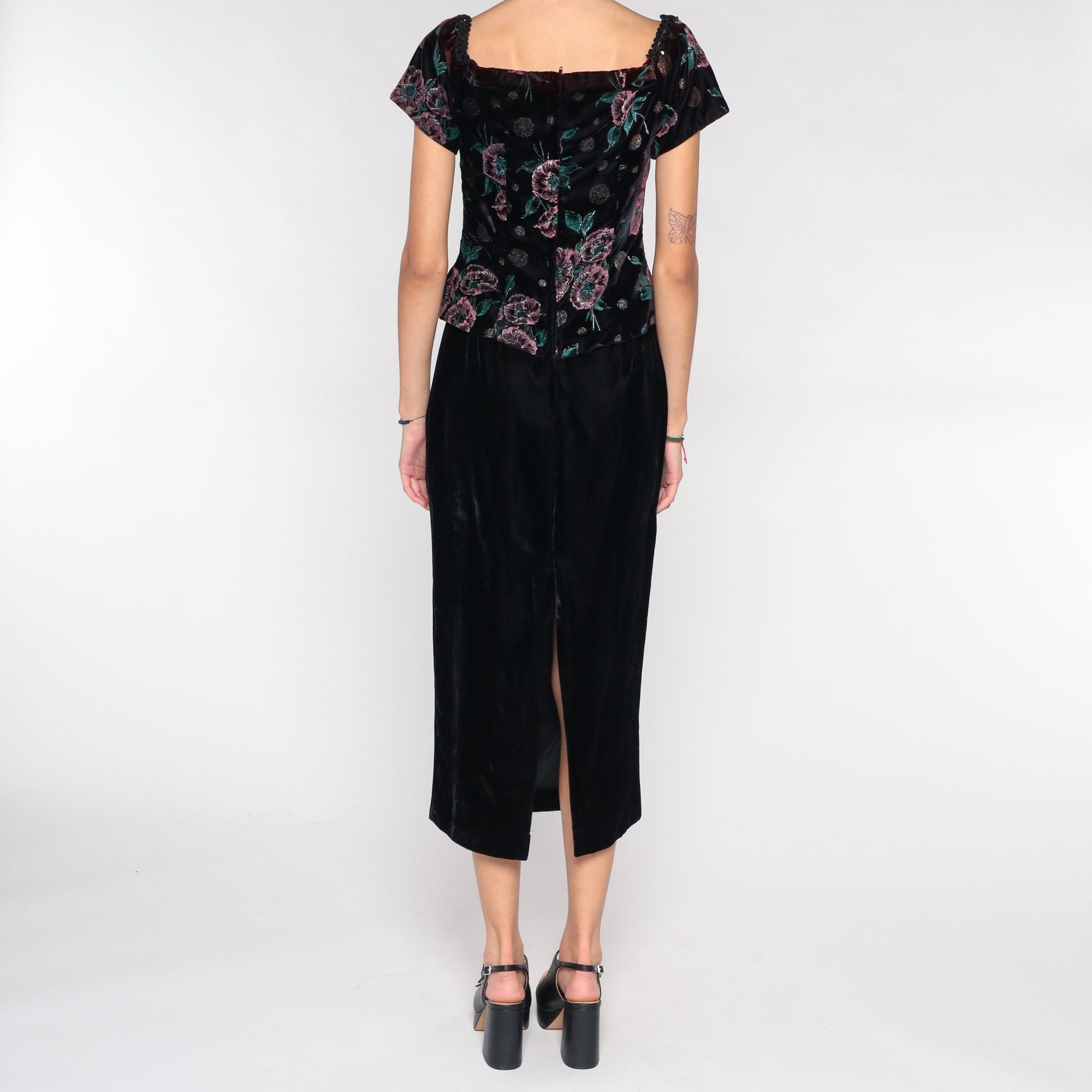 90s Scott McClintock Velvet Midi Dress Floral Bodice Wine Black Small S