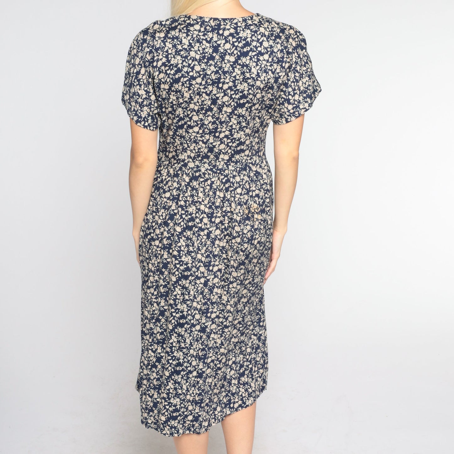 90s All That Jazz Navy Floral Midi Dress Double Breasted High Waist Small