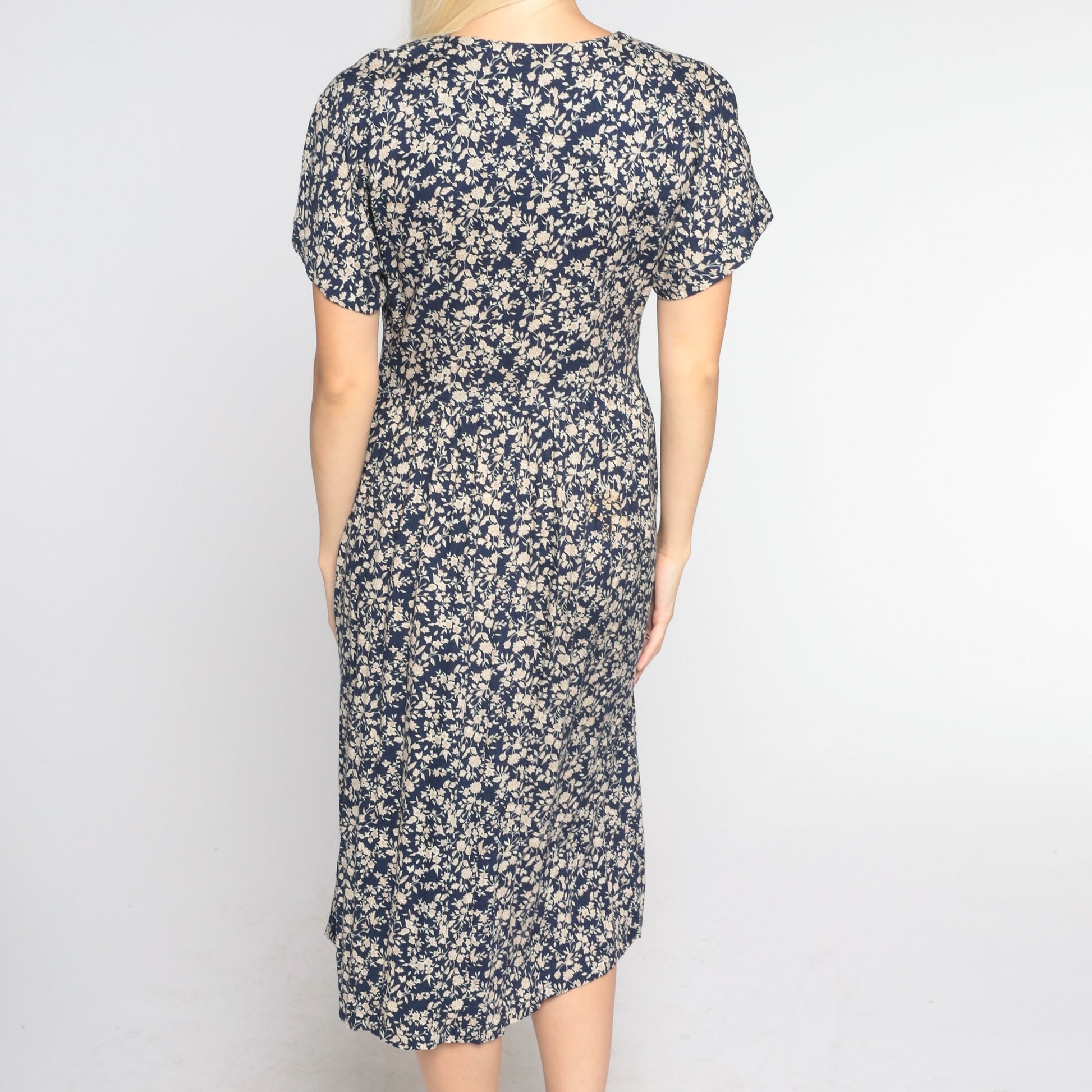 90s All That Jazz Navy Floral Midi Dress Double Breasted High Waist Small
