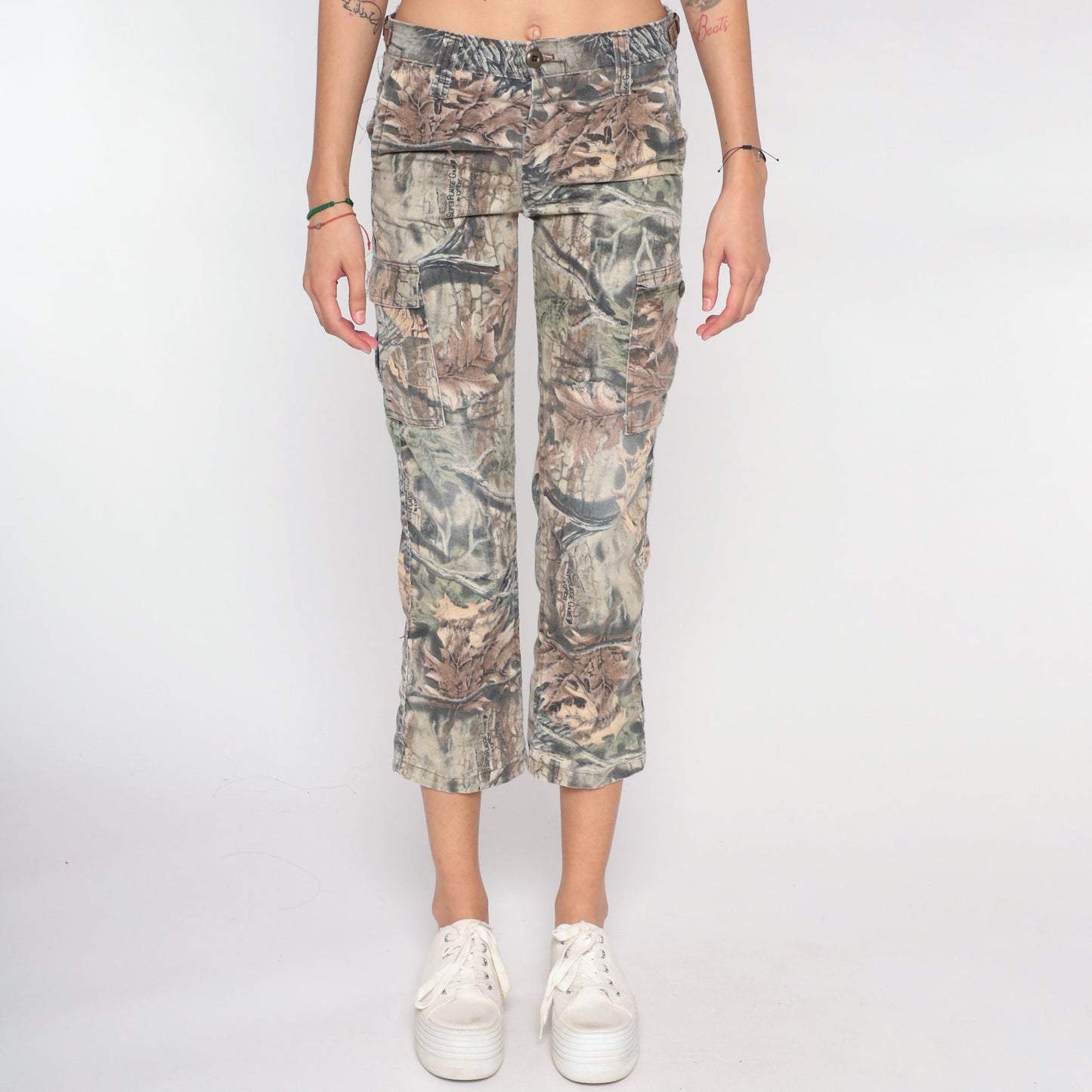 90s Camo Leaf Print Cropped Trousers Skinny Ankle Brown Extra Small