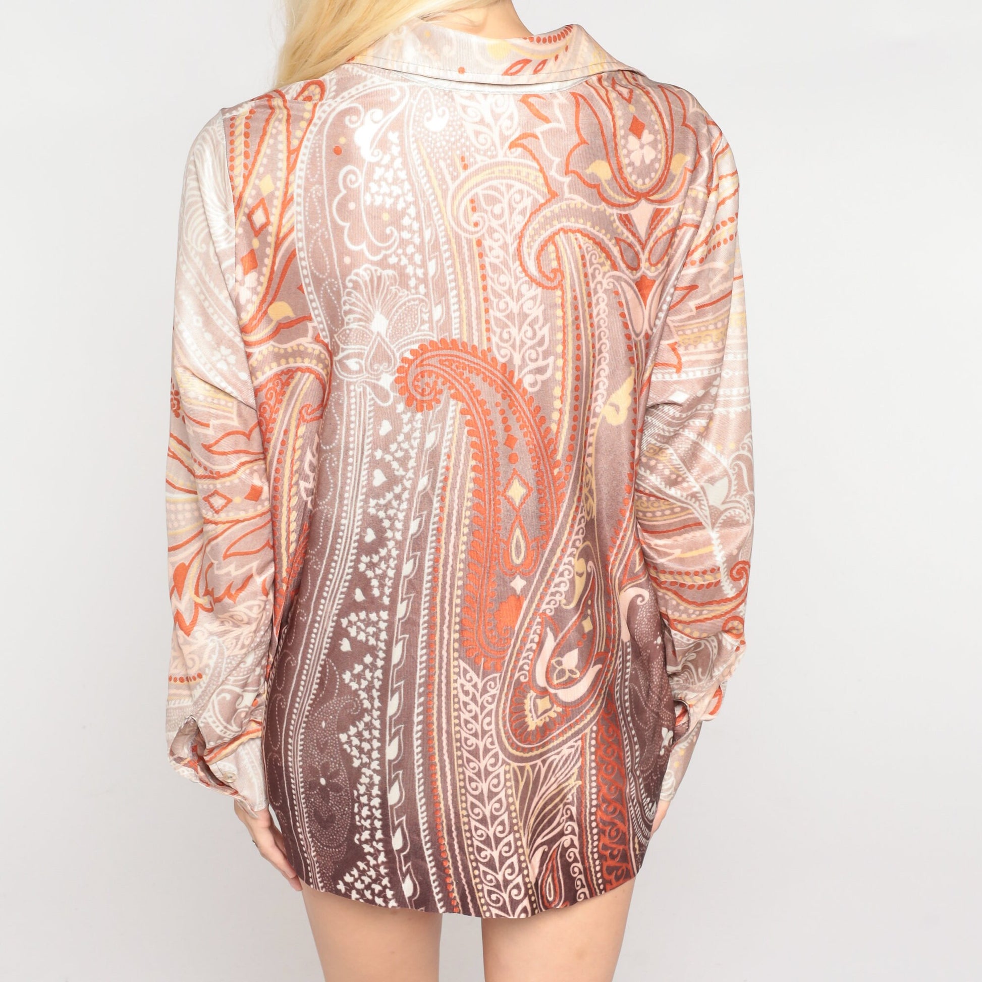 70s Paisley Floral Button Up Blouse Dagger Collar Long Sleeve Orange Large L