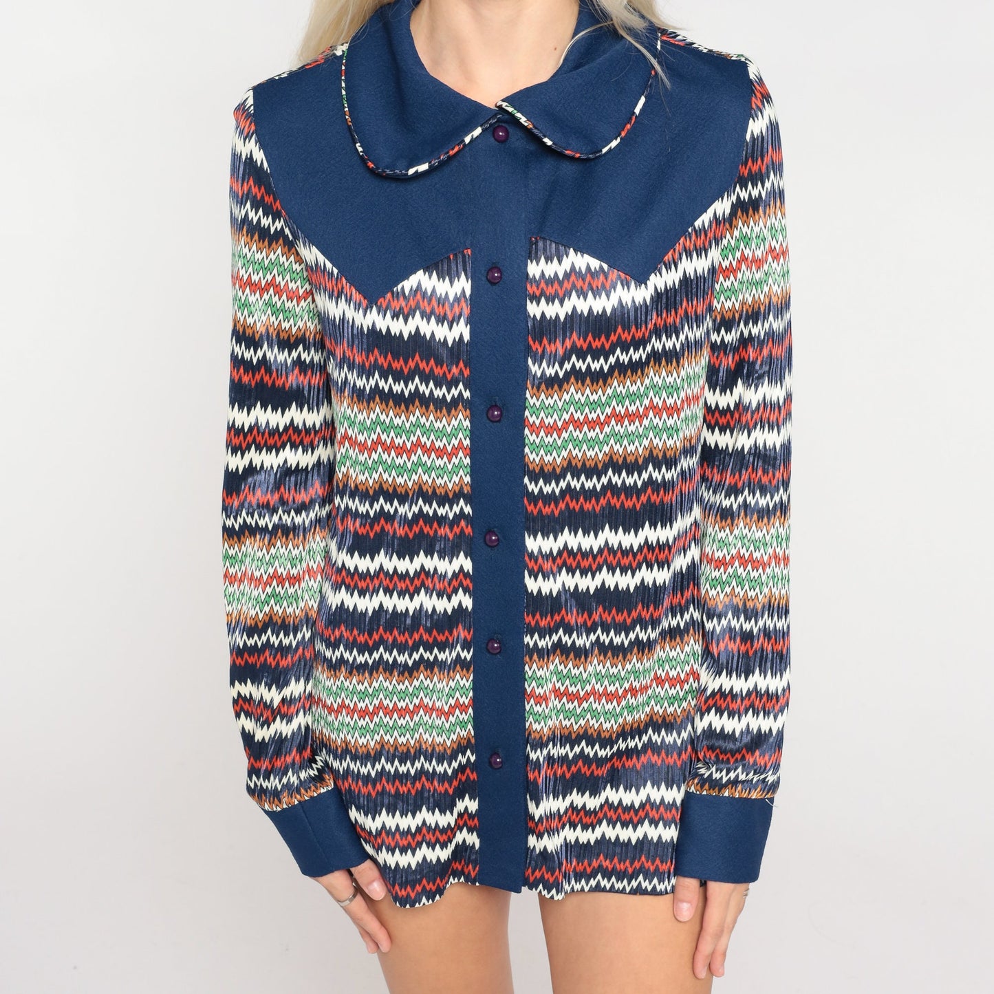 70s Navy Zig Zag Striped Button Up Blouse Peter Pan Collar Long Sleeve Small