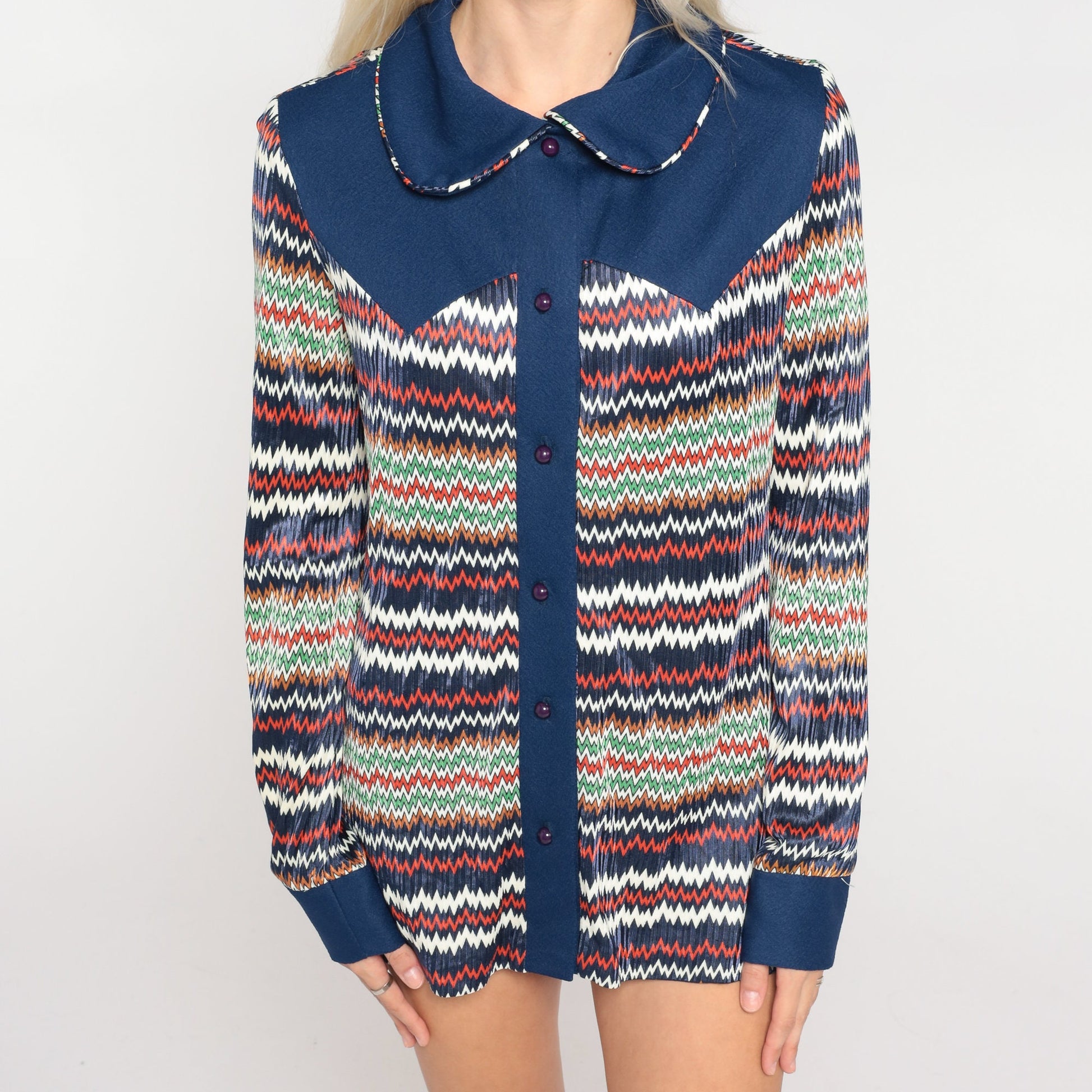 70s Navy Zig Zag Striped Button Up Blouse Peter Pan Collar Long Sleeve Small