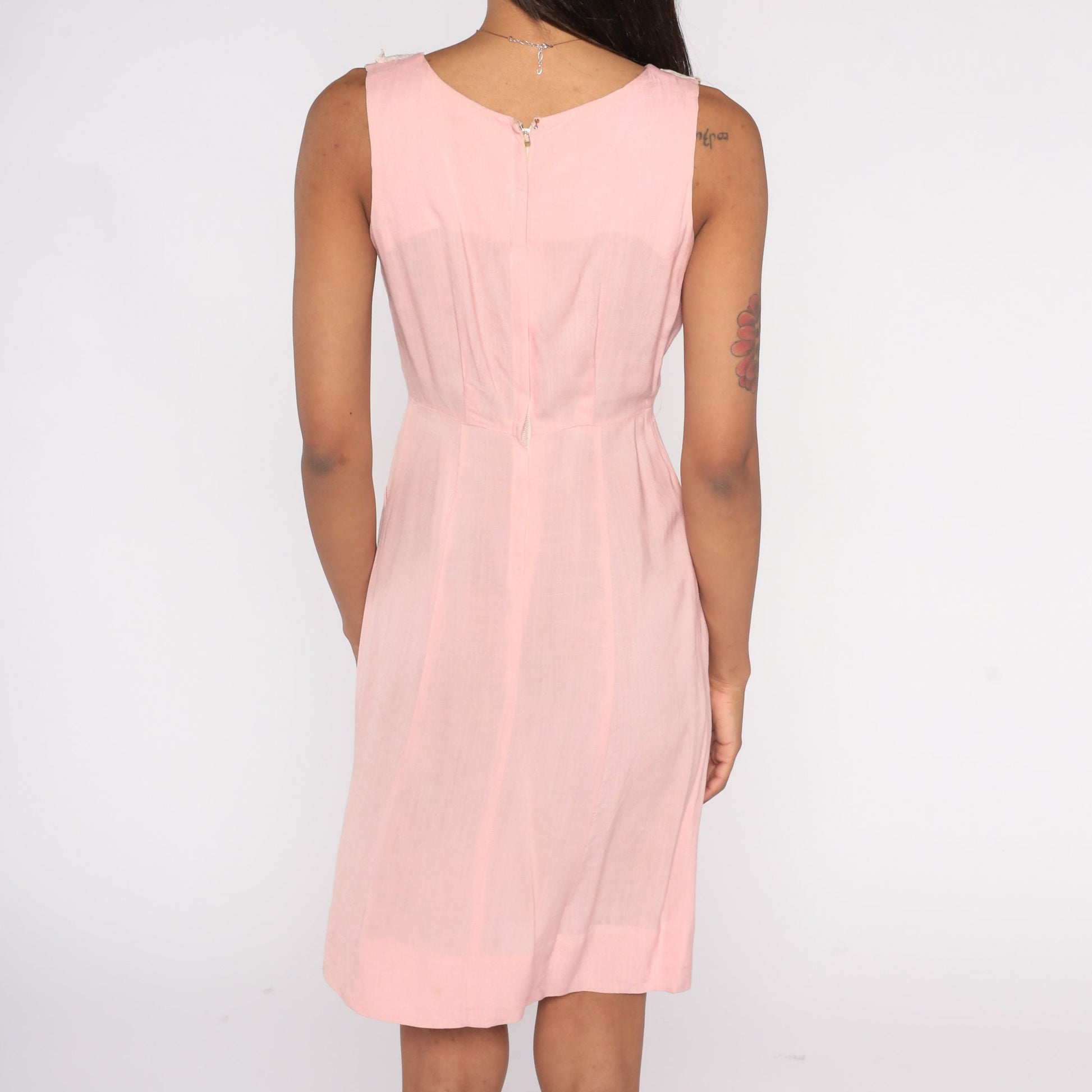 60s Pink Beaded Lace Trim Sheath Mini Dress Sleeveless Extra Small XS