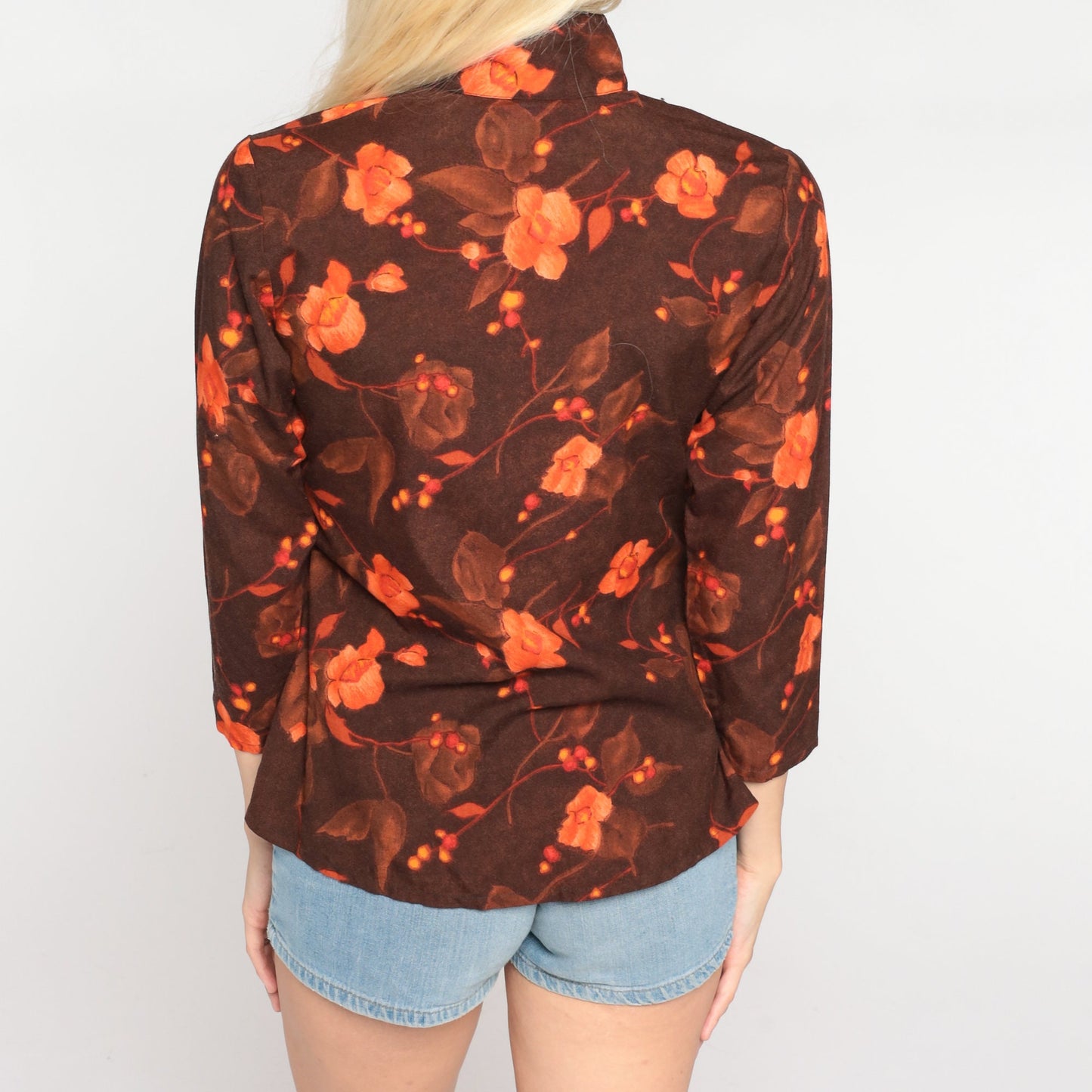 90s Floral Blouse Brown Orange Mandarin Collar 3/4 Sleeve Shirt Extra Small