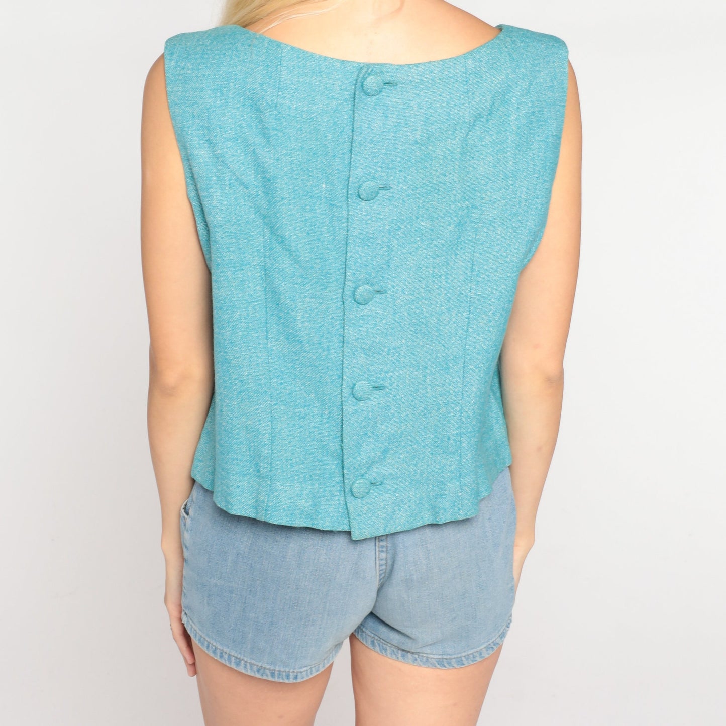 60s Blue Crop Top Sleeveless Blouse Button Back Tank Medium