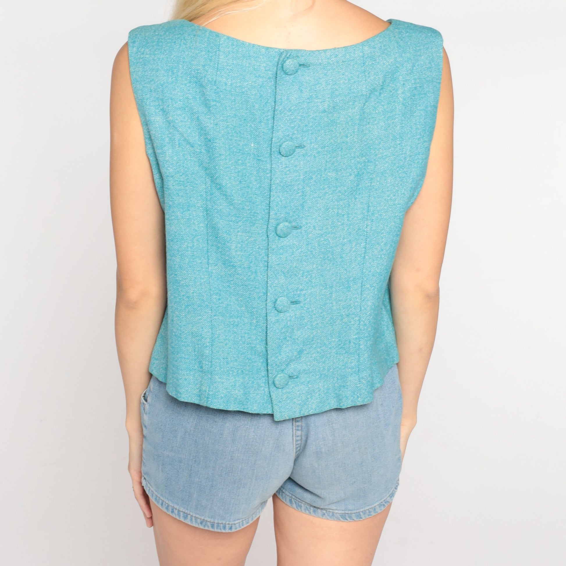 60s Blue Crop Top Sleeveless Blouse Button Back Tank Medium