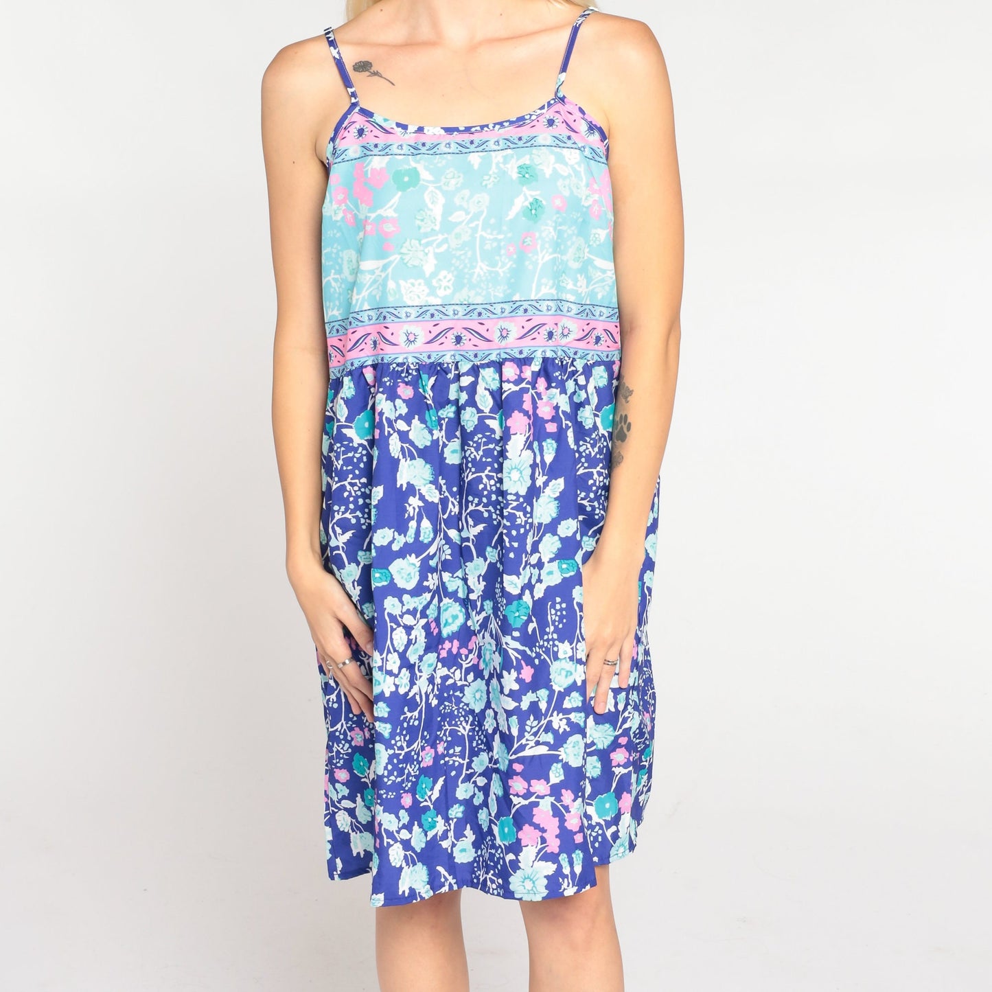 Y2K Blue Floral Mini Dress Sleeveless High Waist Spaghetti Strap Large L