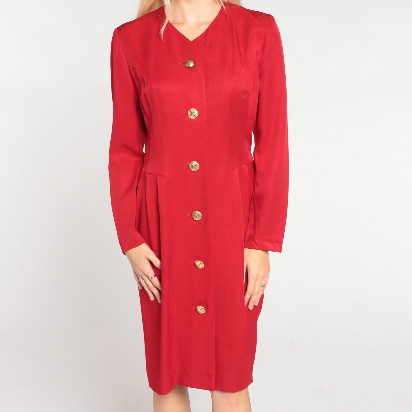 80s Red Button-Up Mini Dress Long Sleeve Pencil Cut Small S